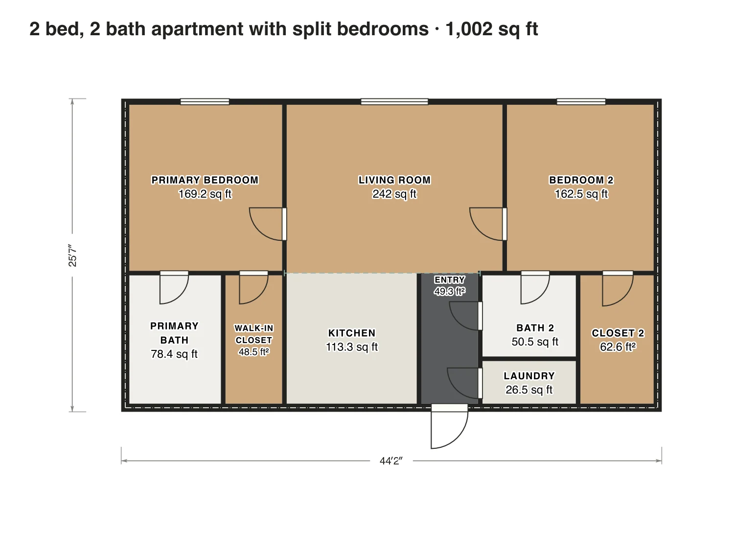 2 bed, 2 bath apartment with split bedrooms floor plan: 1,002 sq ft (93 m²) inside the walls, 2 bed, 2 bath · one floor, drawn to scale with every room labeled.