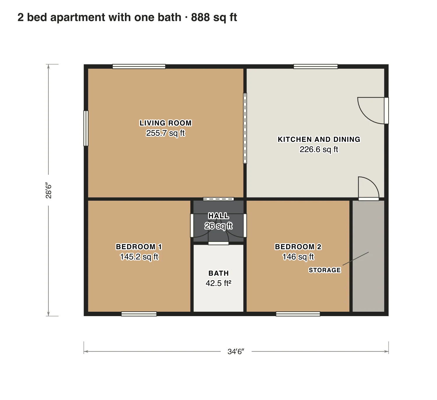 2 bed apartment with one bath floor plan: 888 sq ft (82 m²) inside the walls, 2 bed, 1 bath · one floor, drawn to scale with every room labeled.