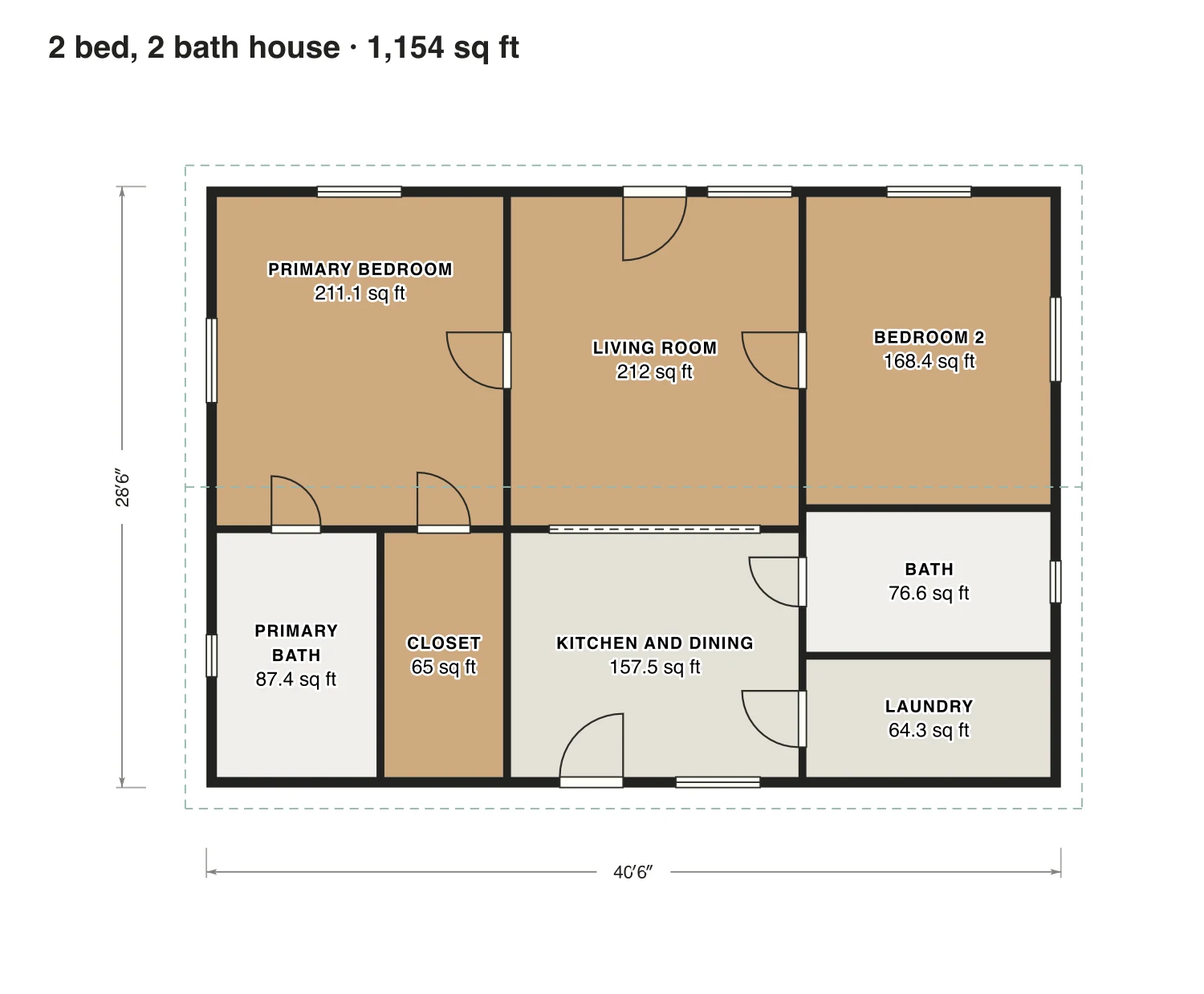 2 bed, 2 bath house floor plan: 1,154 sq ft (107 m²) finished, 2 bed, 2 bath · one floor, drawn to scale with every room labeled.