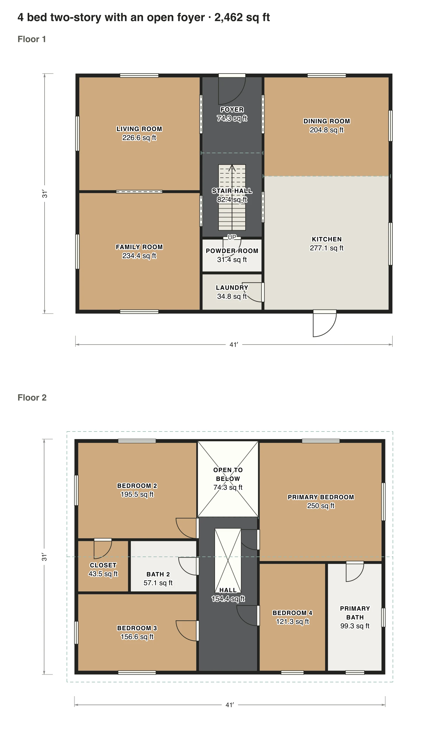 4 bed two-story with an open foyer floor plan: 2,462 sq ft (229 m²) finished, 4 bed, 2.5 bath · 2 floors, drawn to scale with every room labeled.