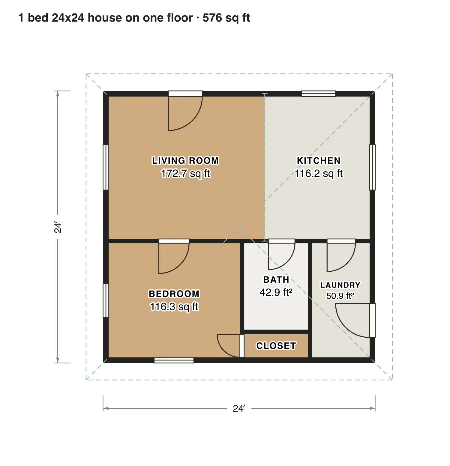 1 bed 24x24 house on one floor floor plan: 576 sq ft (54 m²) finished, 1 bed, 1 bath · one floor, drawn to scale with every room labeled.