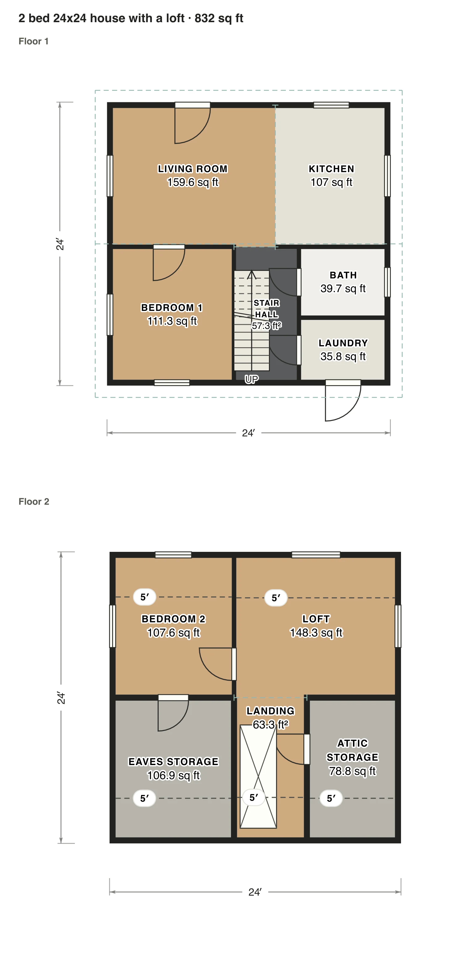 2 bed 24x24 house with a loft floor plan: 832 sq ft (77 m²) finished, 2 bed, 1 bath · 2 floors, drawn to scale with every room labeled.