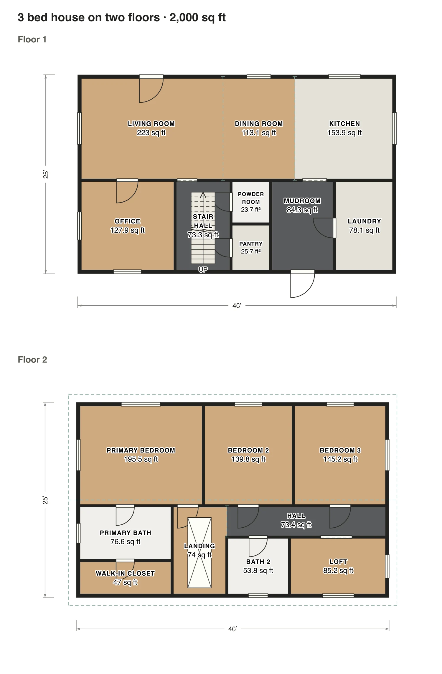 3 bed house on two floors floor plan: 2,000 sq ft (186 m²) finished, 3 bed, 2.5 bath · 2 floors, drawn to scale with every room labeled.