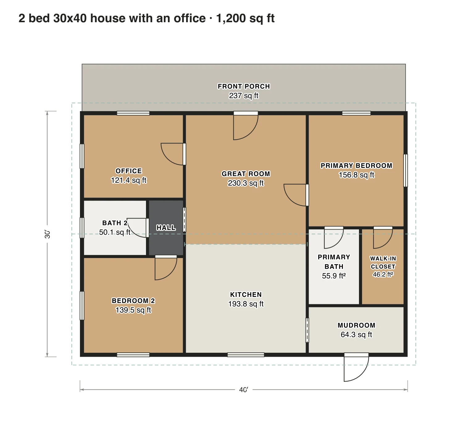 2 bed 30x40 house with an office floor plan: 1,200 sq ft (111 m²) finished, 2 bed, 2 bath · one floor, drawn to scale with every room labeled.