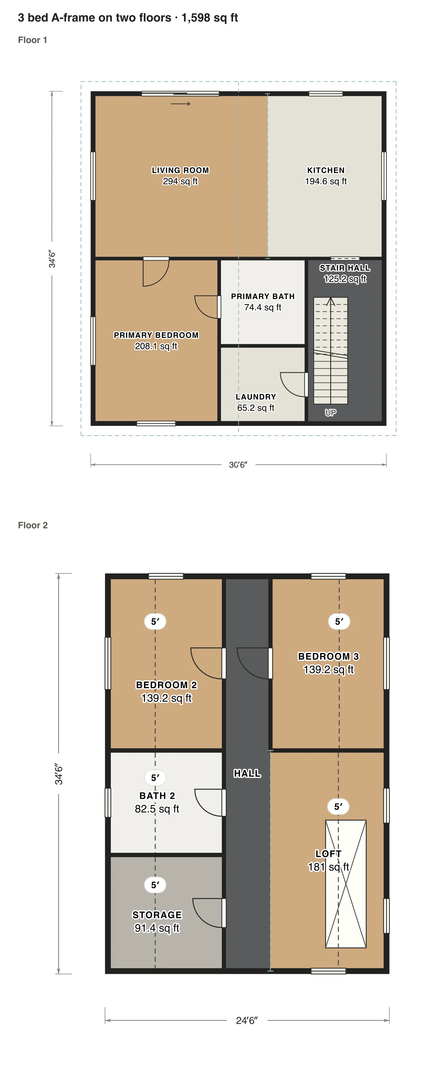 3 bed A-frame on two floors floor plan: 1,598 sq ft (148 m²) finished, 3 bed, 2 bath · 2 floors, drawn to scale with every room labeled.