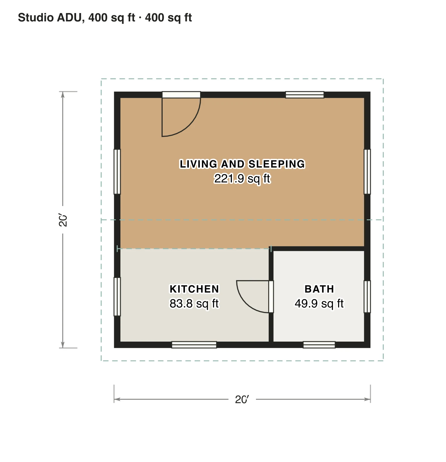 Studio ADU, 400 sq ft floor plan: 400 sq ft (37 m²) finished, studio, 1 bath · one floor, drawn to scale with every room labeled.