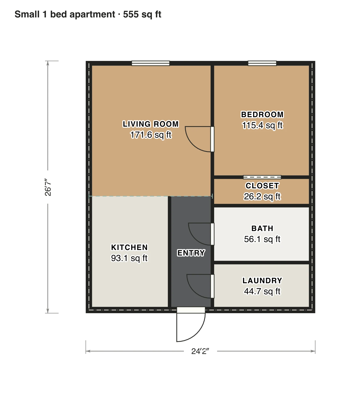 Small 1 bed apartment floor plan: 555 sq ft (52 m²) inside the walls, 1 bed, 1 bath · one floor, drawn to scale with every room labeled.