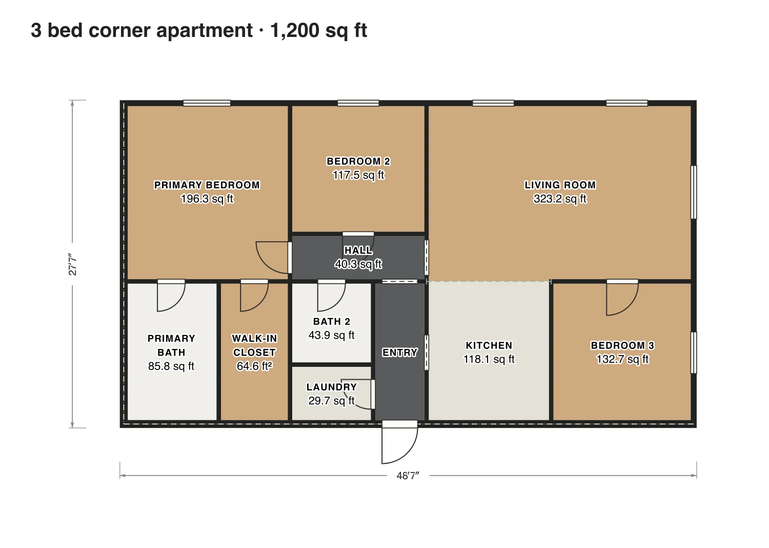 3 bed corner apartment floor plan: 1,200 sq ft (111 m²) inside the walls, 3 bed, 2 bath · one floor, drawn to scale with every room labeled.