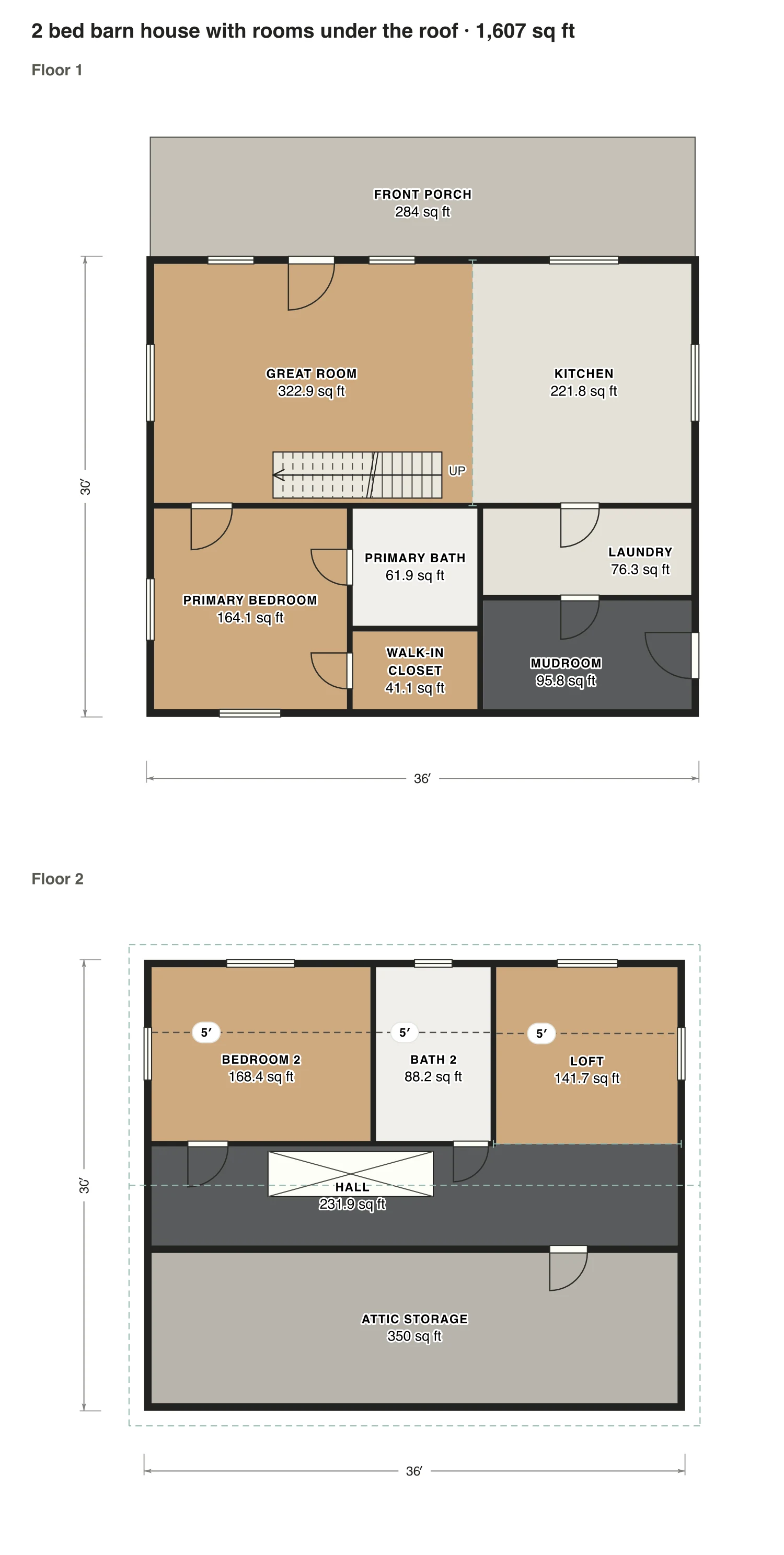 2 bed barn house with rooms under the roof floor plan: 1,607 sq ft (149 m²) finished, 2 bed, 2 bath · 2 floors, drawn to scale with every room labeled.
