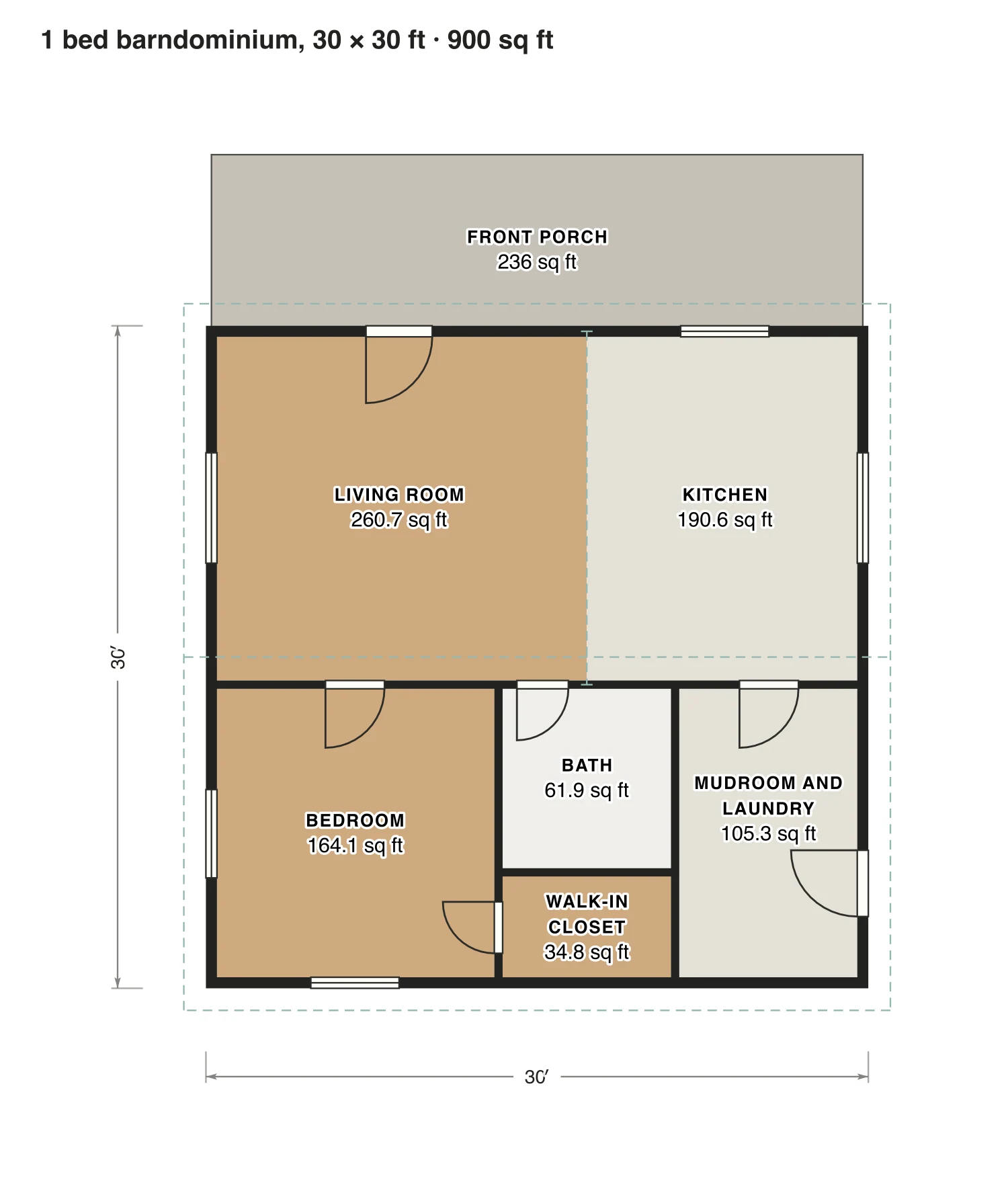 1 bed barndominium, 30 × 30 ft floor plan: 900 sq ft (84 m²) finished, 1 bed, 1 bath · one floor, drawn to scale with every room labeled.