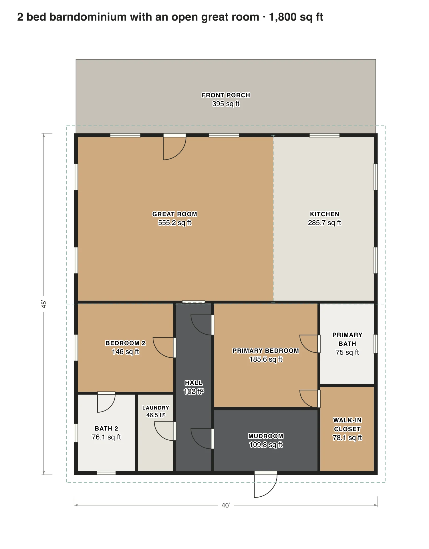 2 bed barndominium with an open great room floor plan: 1,800 sq ft (167 m²) finished, 2 bed, 2 bath · one floor, drawn to scale with every room labeled.