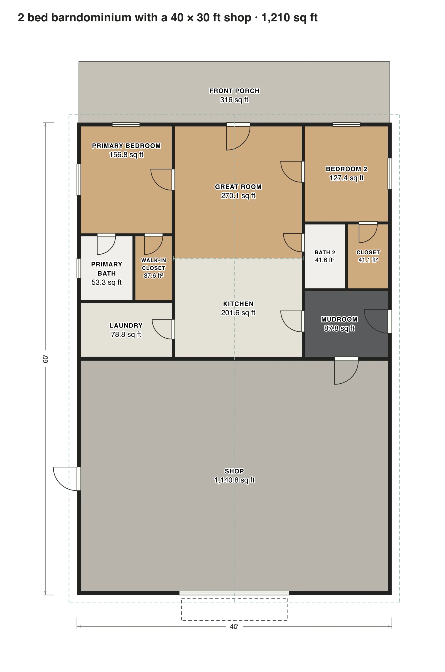 2 bed barndominium with a 40 × 30 ft shop floor plan: 1,210 sq ft (112 m²) finished, 2 bed, 2 bath · one floor, drawn to scale with every room labeled.