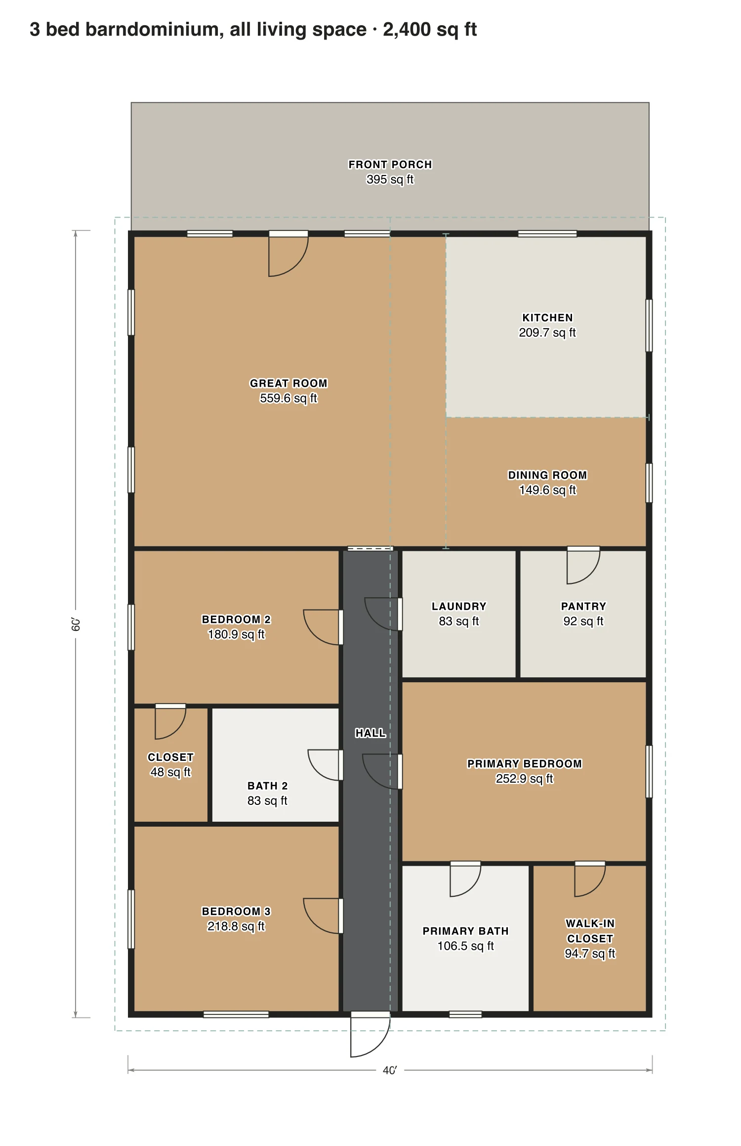 3 bed barndominium, all living space floor plan: 2,400 sq ft (223 m²) finished, 3 bed, 2 bath · one floor, drawn to scale with every room labeled.