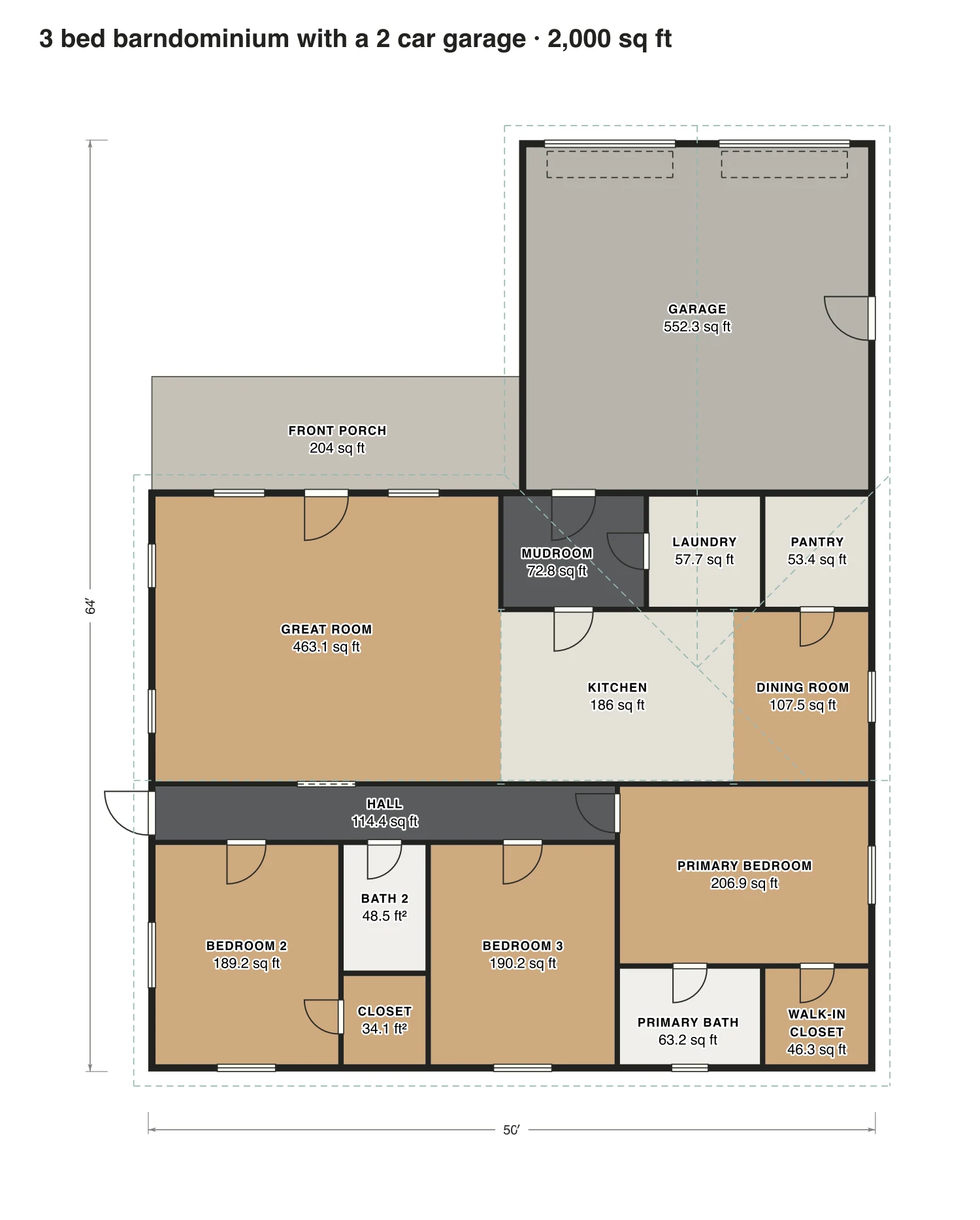 3 bed barndominium with a 2 car garage floor plan: 2,000 sq ft (186 m²) finished, 3 bed, 2 bath · one floor, drawn to scale with every room labeled.