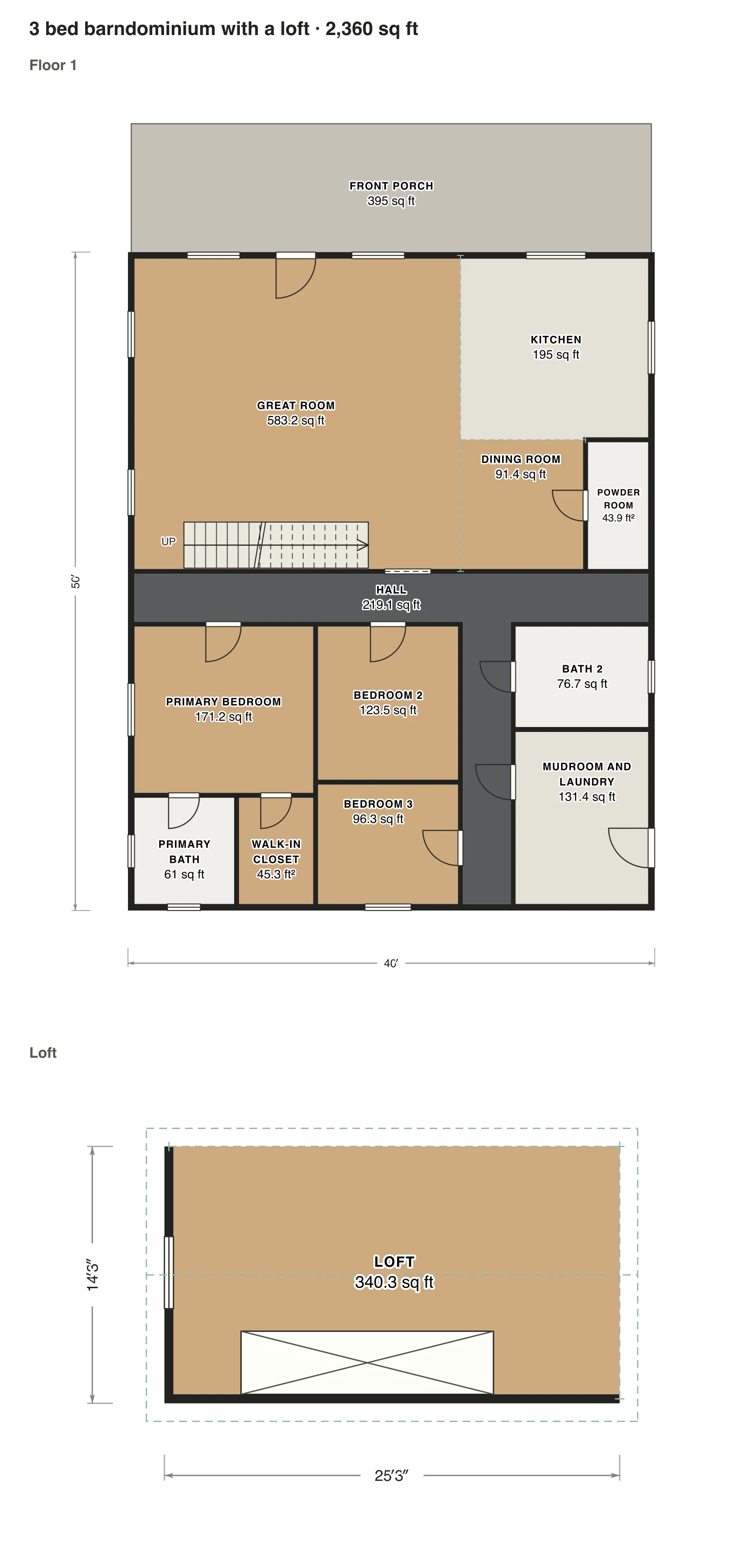3 bed barndominium with a loft floor plan: 2,360 sq ft (219 m²) finished, 3 bed, 2.5 bath · 2 floors, drawn to scale with every room labeled.