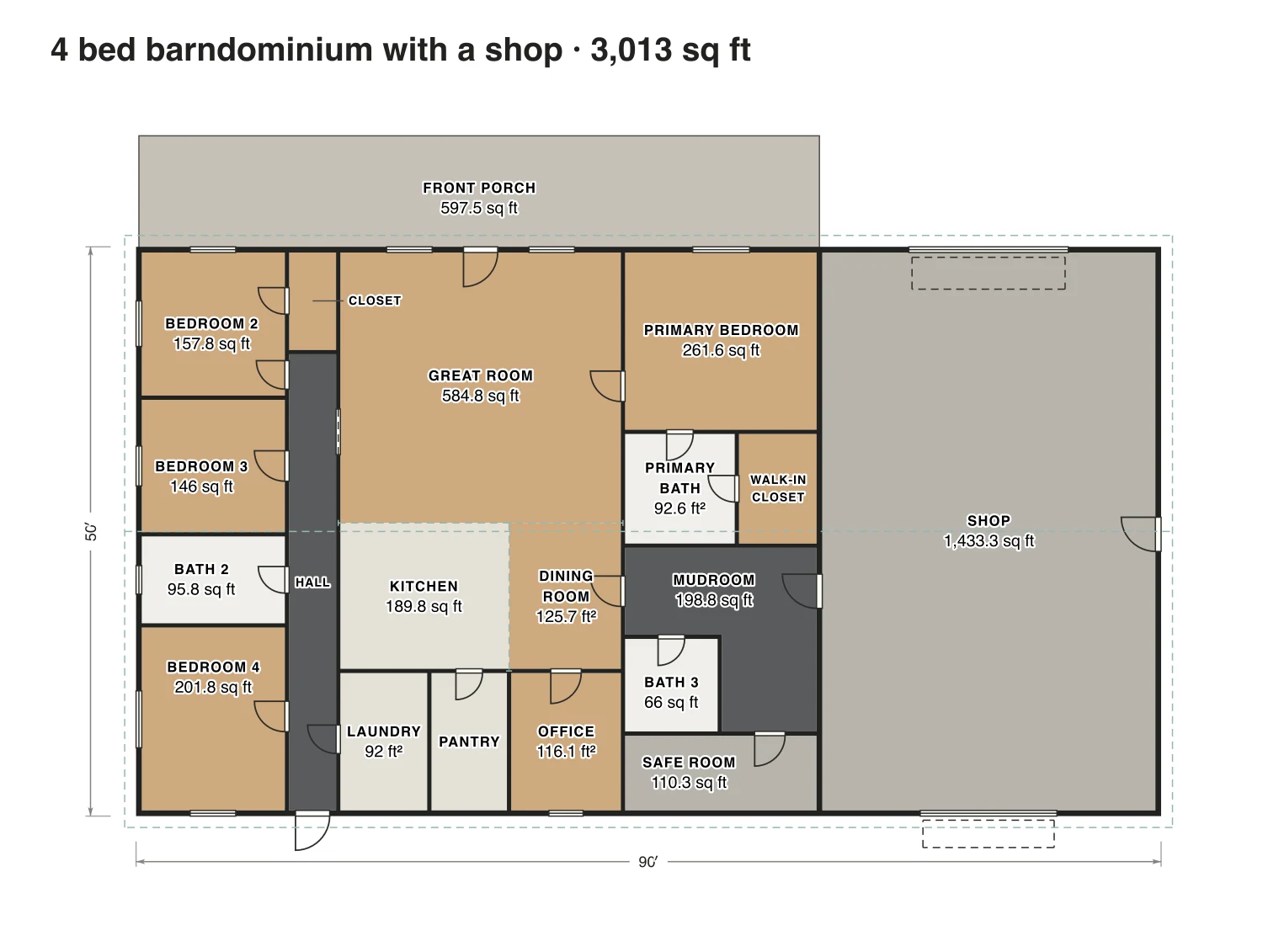 4 bed barndominium with a shop floor plan: 3,013 sq ft (280 m²) finished, 4 bed, 3 bath · one floor, drawn to scale with every room labeled.