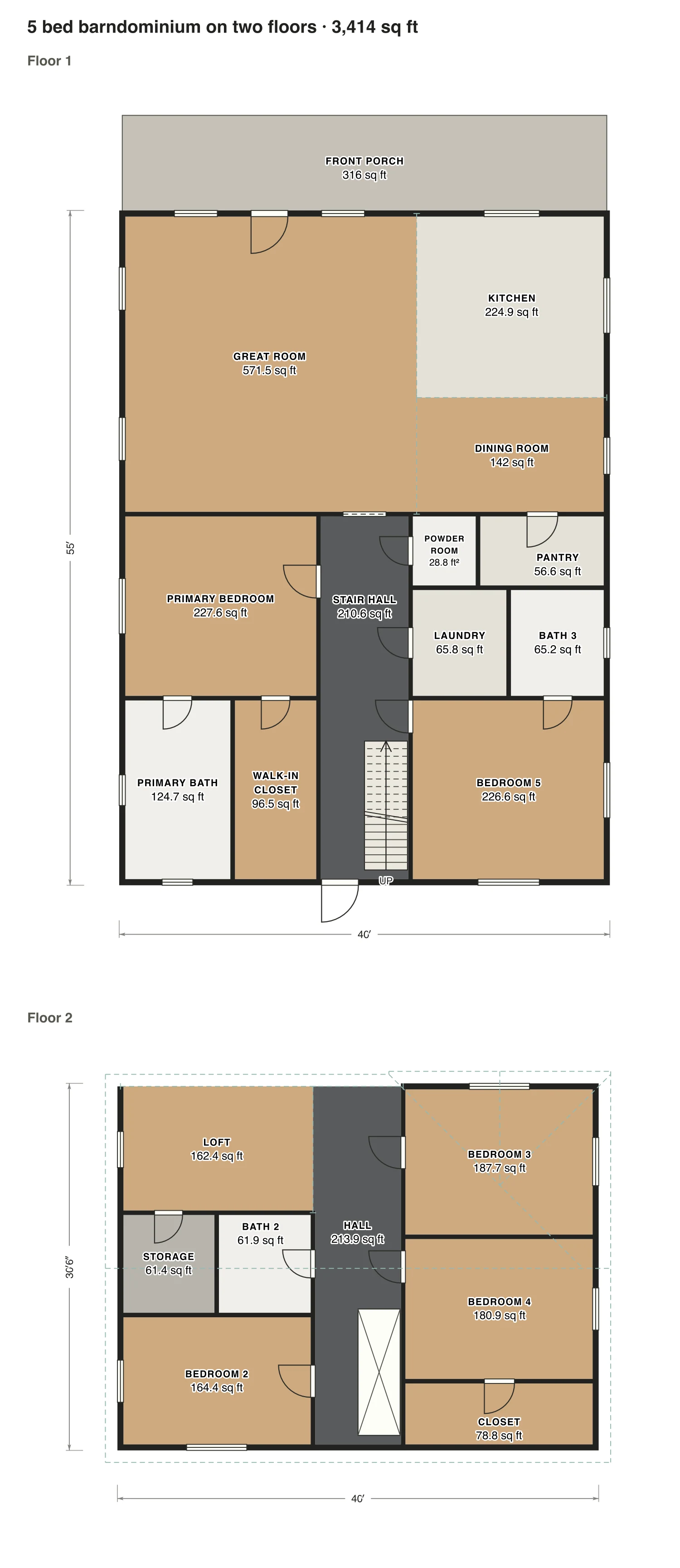 5 bed barndominium on two floors floor plan: 3,414 sq ft (317 m²) finished, 5 bed, 3.5 bath · 2 floors, drawn to scale with every room labeled.