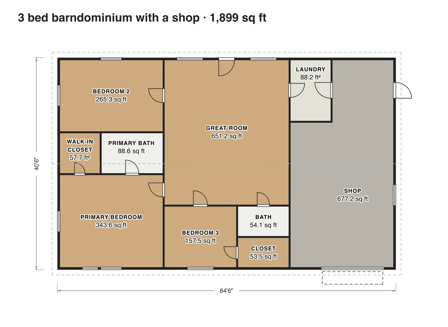 3 bed barndominium with a shop floor plan: 1,899 sq ft (176 m²) finished, 3 bed, 2 bath · one floor, drawn to scale with every room labeled.