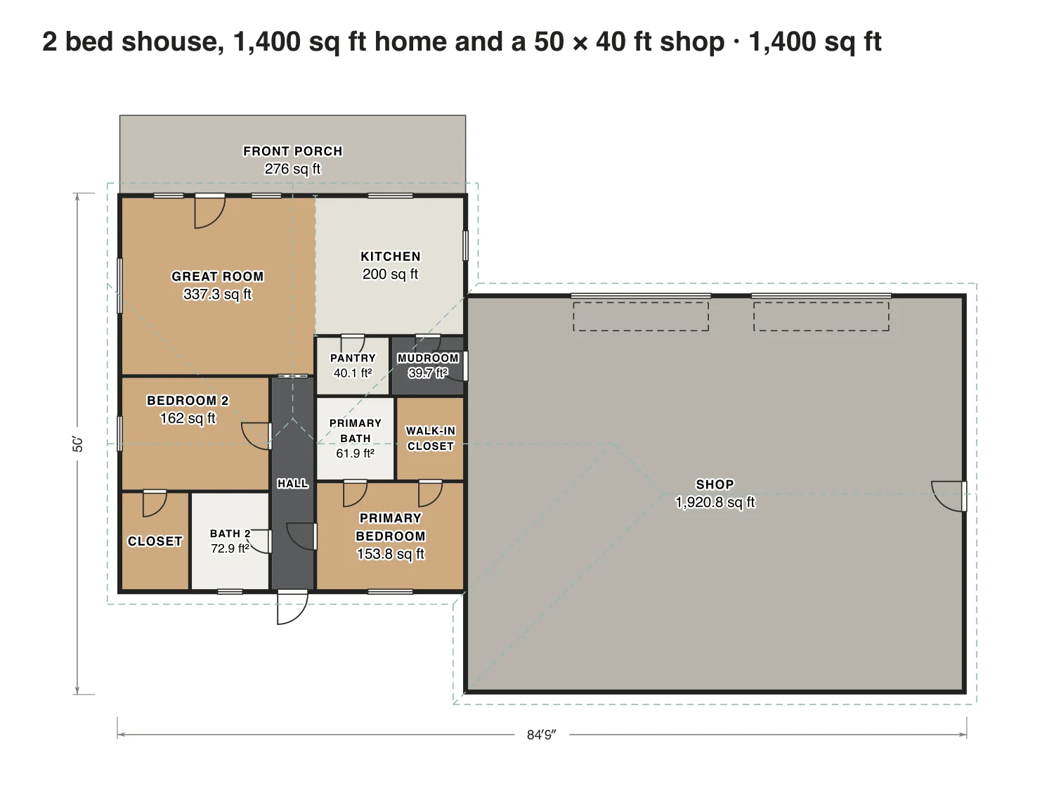 2 bed shouse, 1,400 sq ft home and a 50 × 40 ft shop floor plan: 1,400 sq ft (130 m²) finished, 2 bed, 2 bath · one floor, drawn to scale with every room labeled.