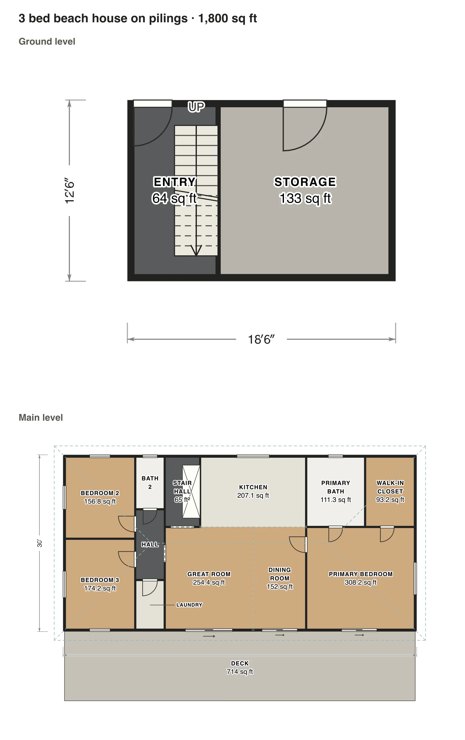 3 bed beach house on pilings floor plan: 1,800 sq ft (167 m²) finished, 3 bed, 2 bath · 2 floors, drawn to scale with every room labeled.
