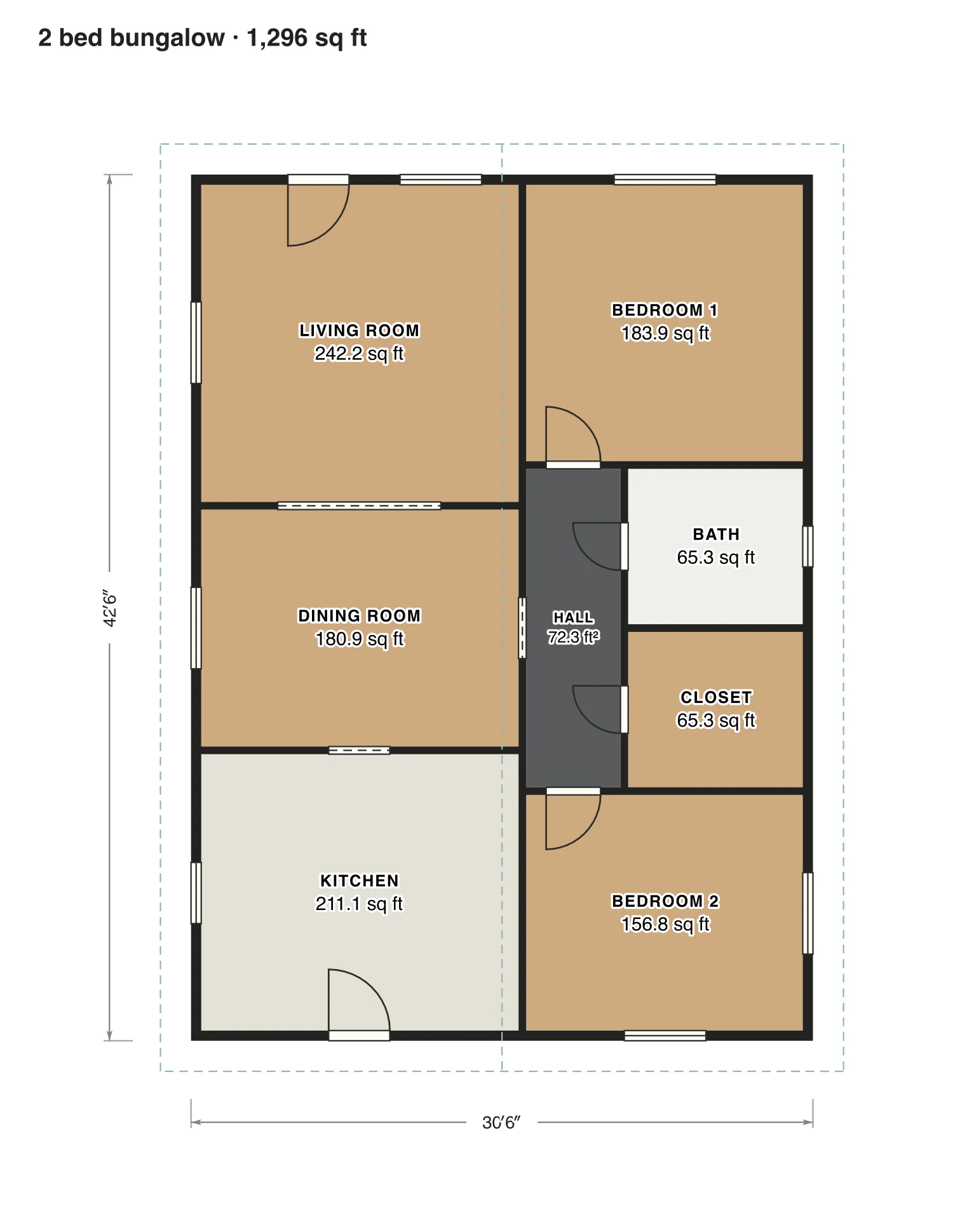 2 bed bungalow floor plan: 1,296 sq ft (120 m²) finished, 2 bed, 1 bath · one floor, drawn to scale with every room labeled.
