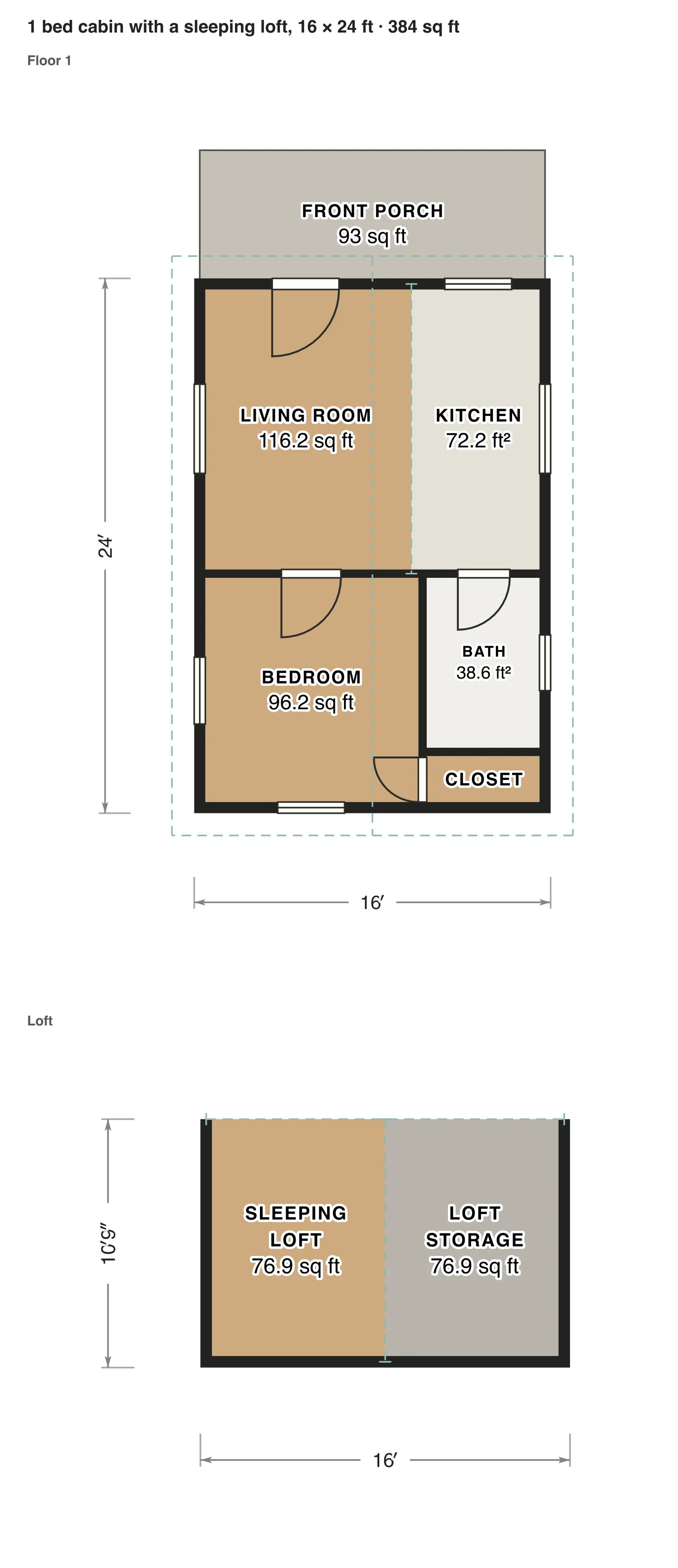 1 bed cabin with a sleeping loft, 16 × 24 ft floor plan: 384 sq ft (36 m²) finished, 1 bed, 1 bath · 2 floors, drawn to scale with every room labeled.