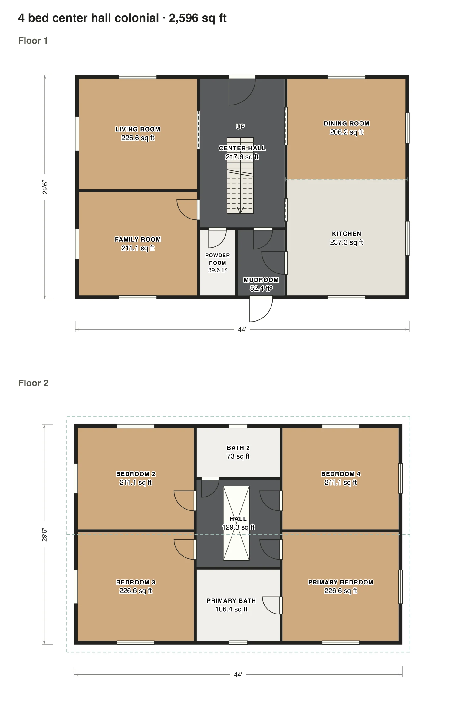 4 bed center hall colonial floor plan: 2,596 sq ft (241 m²) finished, 4 bed, 2.5 bath · 2 floors, drawn to scale with every room labeled.