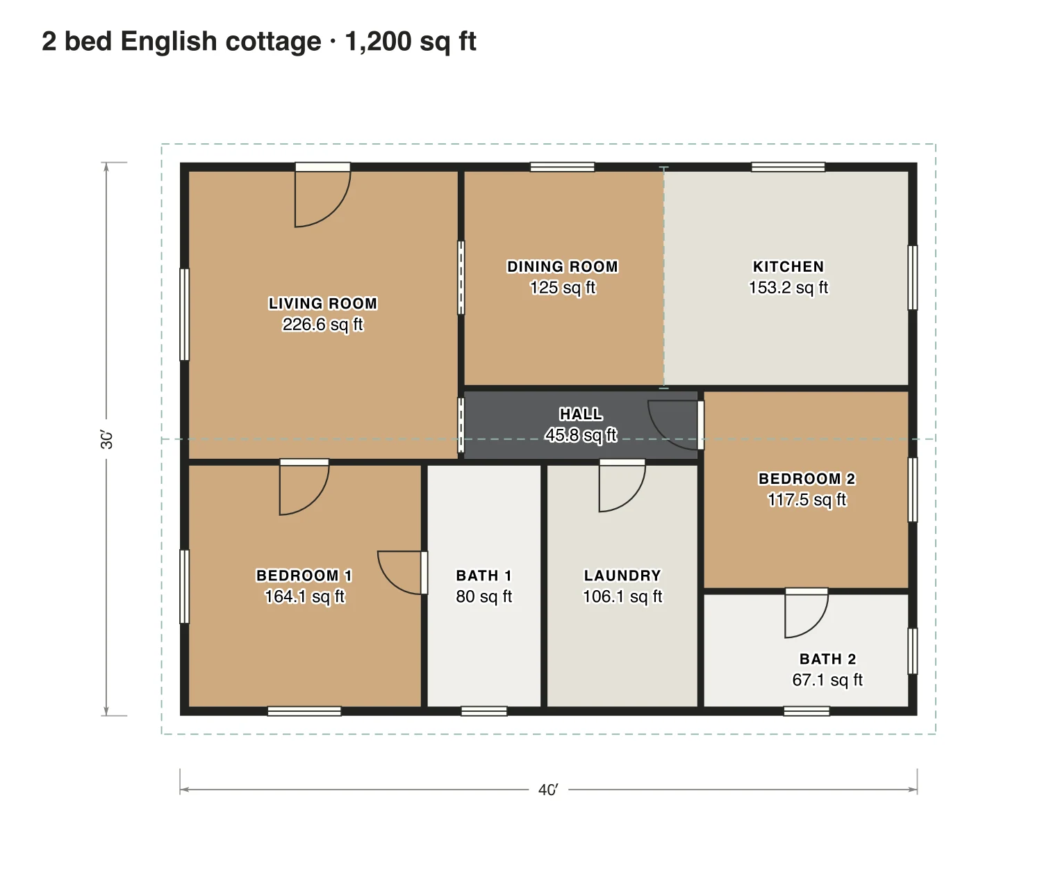2 bed English cottage floor plan: 1,200 sq ft (111 m²) finished, 2 bed, 2 bath · one floor, drawn to scale with every room labeled.