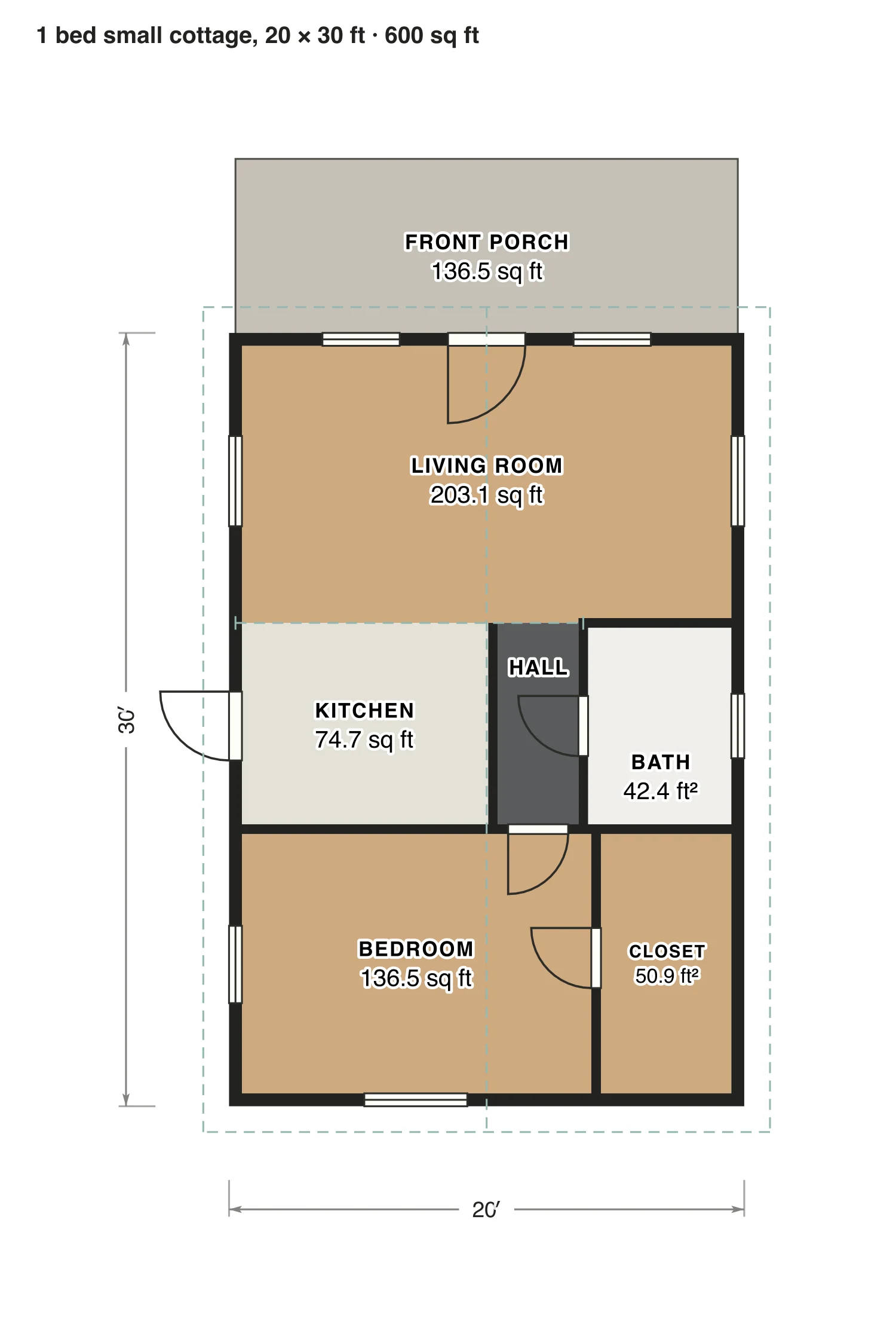 1 bed small cottage, 20 × 30 ft floor plan: 600 sq ft (56 m²) finished, 1 bed, 1 bath · one floor, drawn to scale with every room labeled.