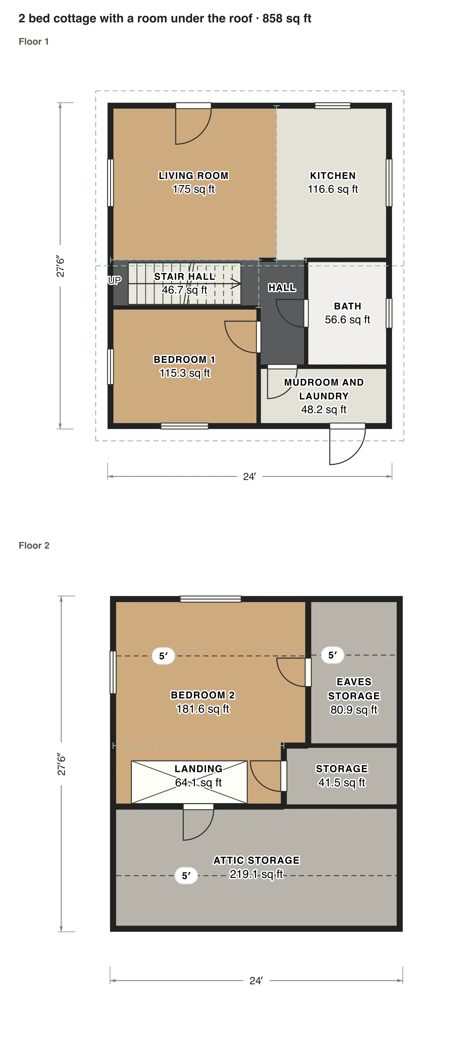 2 bed cottage with a room under the roof floor plan: 858 sq ft (80 m²) finished, 2 bed, 1 bath · 2 floors, drawn to scale with every room labeled.