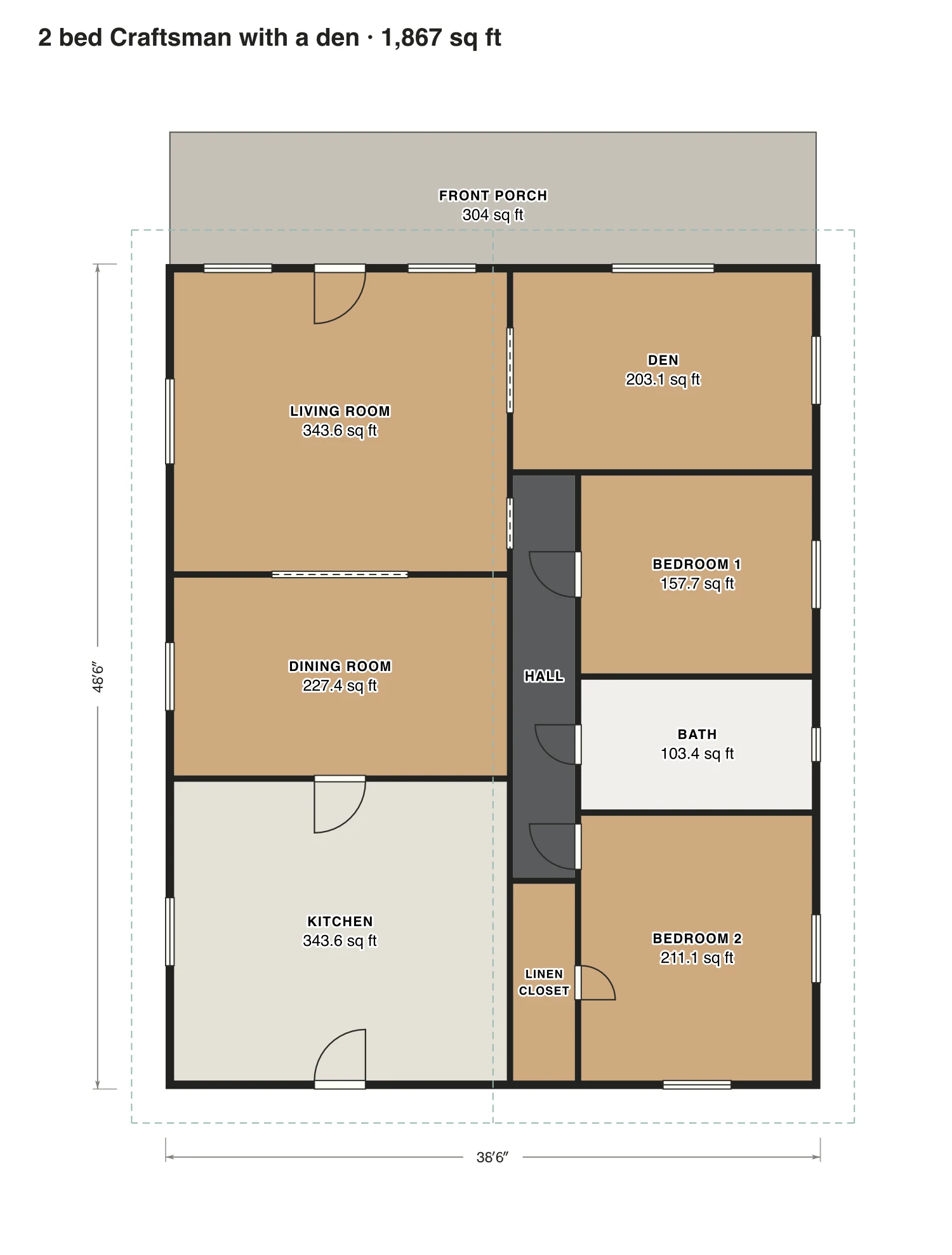 2 bed Craftsman with a den floor plan: 1,867 sq ft (173 m²) finished, 2 bed, 1 bath · one floor, drawn to scale with every room labeled.