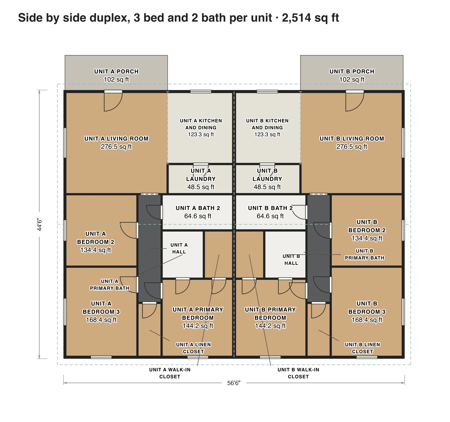 Side by side duplex, 3 bed and 2 bath per unit floor plan: 2,514 sq ft (234 m²) finished, 3 bed, 2 bath · one floor, drawn to scale with every room labeled.