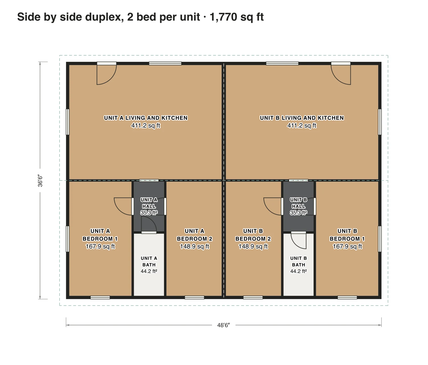 Side by side duplex, 2 bed per unit floor plan: 1,770 sq ft (164 m²) finished, 2 bed, 1 bath · one floor, drawn to scale with every room labeled.