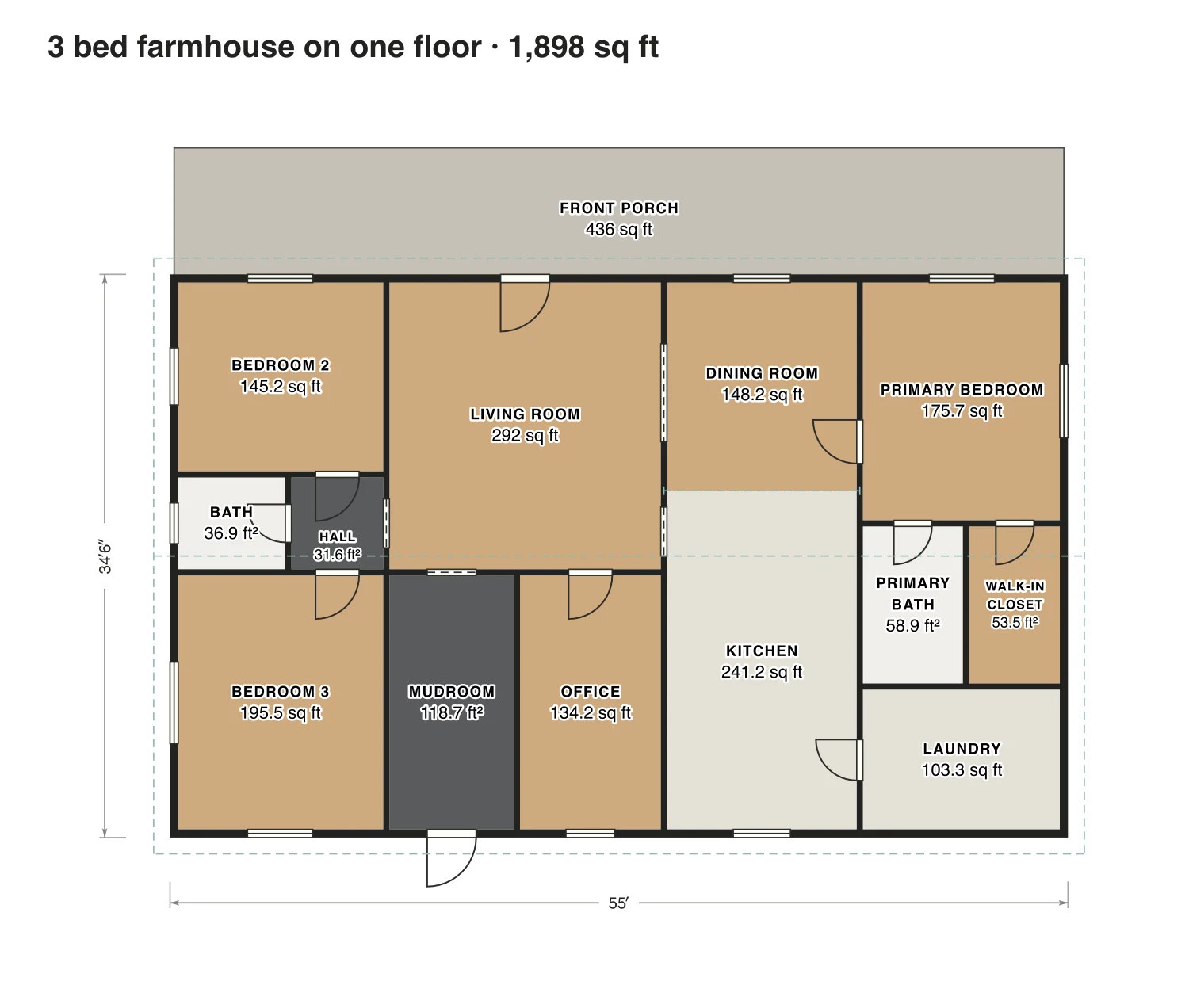 3 bed farmhouse on one floor floor plan: 1,898 sq ft (176 m²) finished, 3 bed, 2 bath · one floor, drawn to scale with every room labeled.