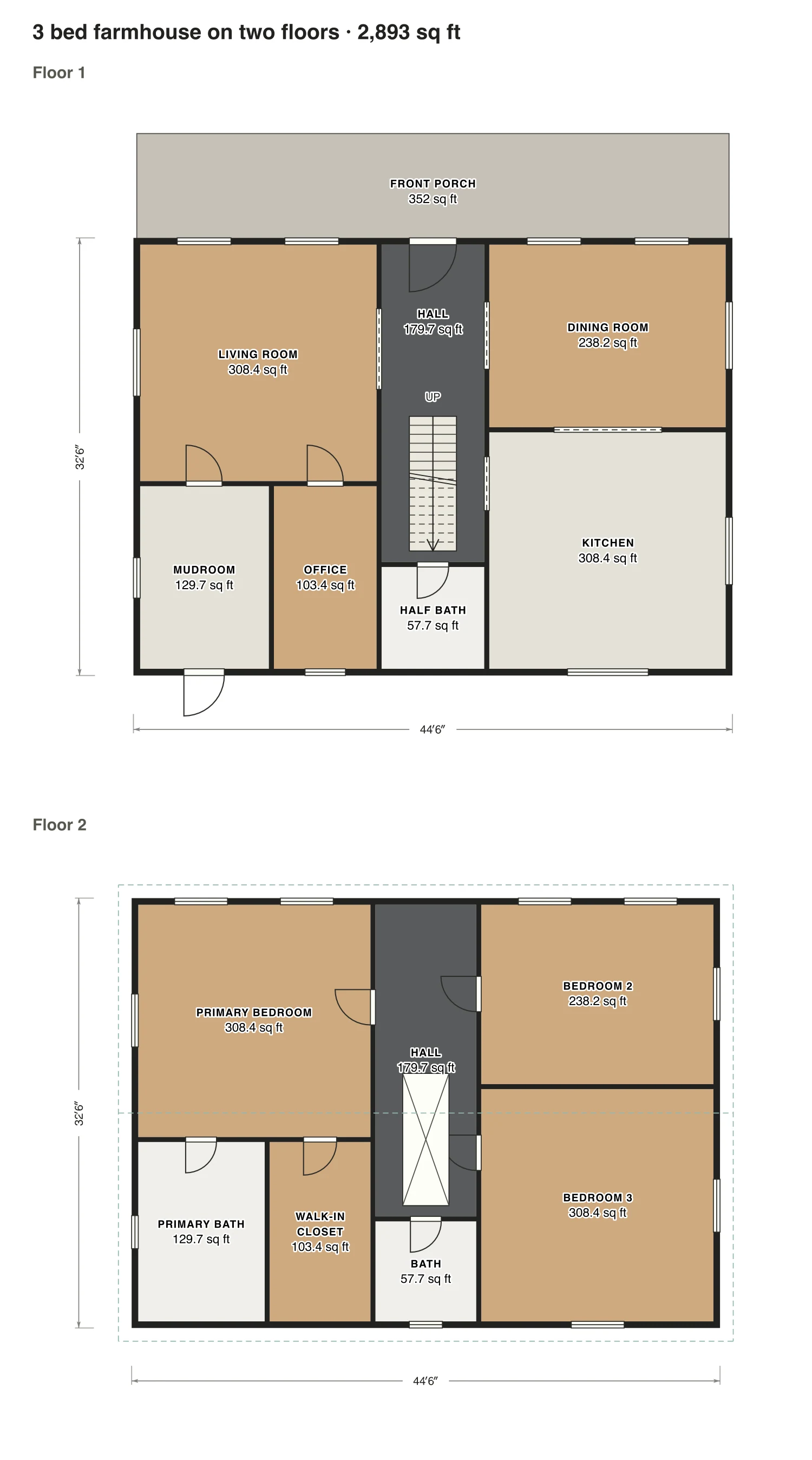 3 bed farmhouse on two floors floor plan: 2,893 sq ft (269 m²) finished, 3 bed, 2.5 bath · 2 floors, drawn to scale with every room labeled.