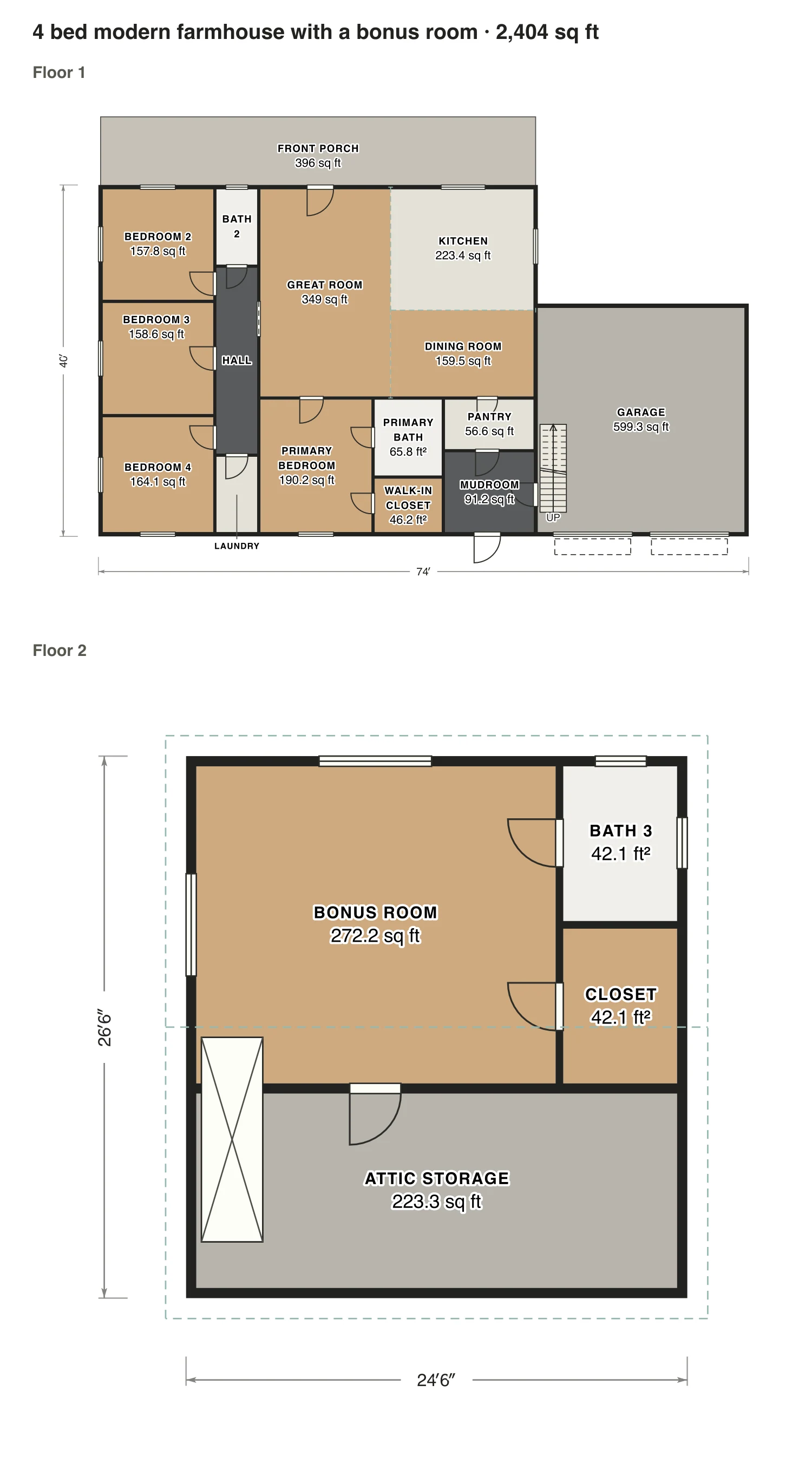 4 bed modern farmhouse with a bonus room floor plan: 2,404 sq ft (223 m²) finished, 4 bed, 3 bath · 2 floors, drawn to scale with every room labeled.