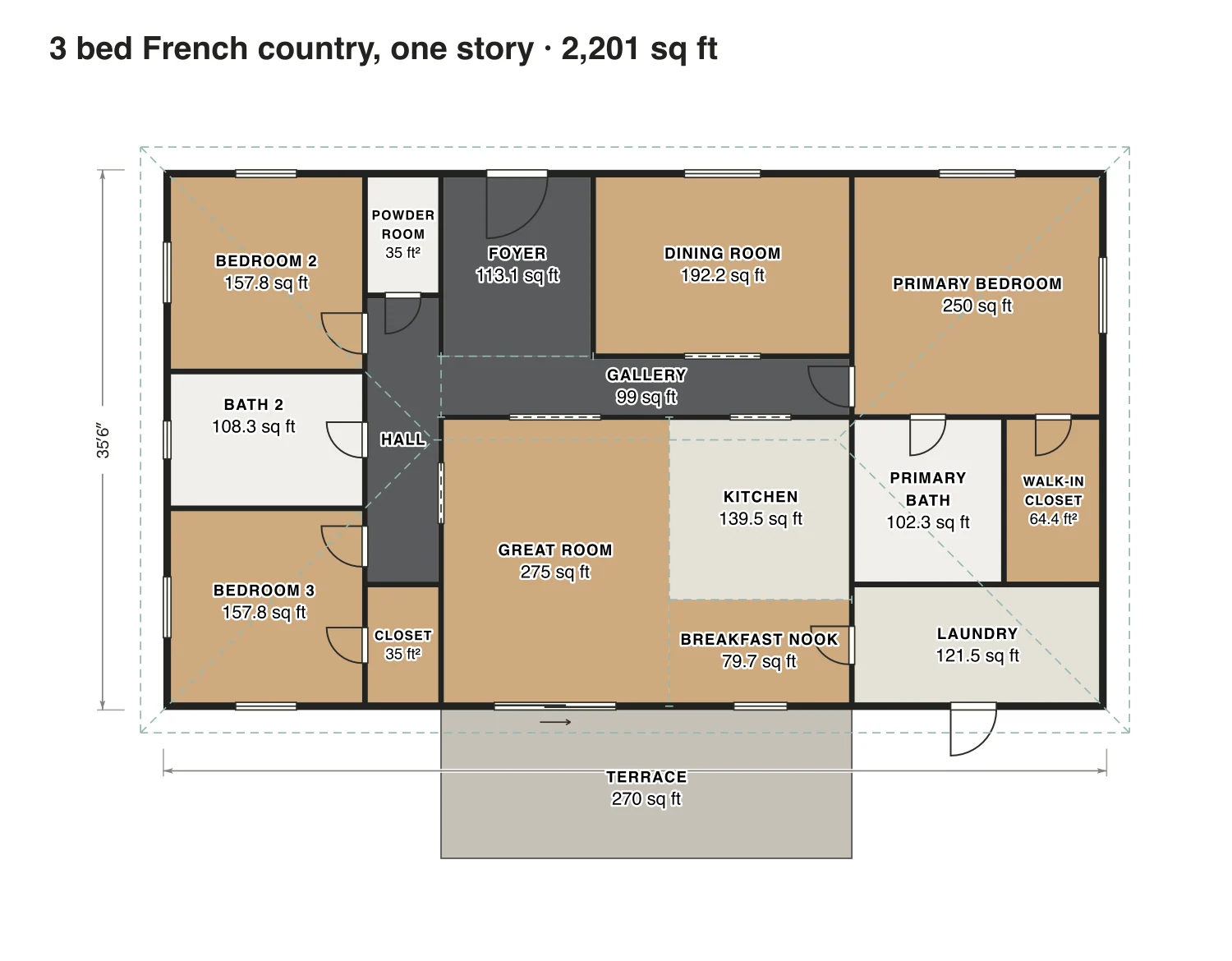 3 bed French country, one story floor plan: 2,201 sq ft (204 m²) finished, 3 bed, 2.5 bath · one floor, drawn to scale with every room labeled.