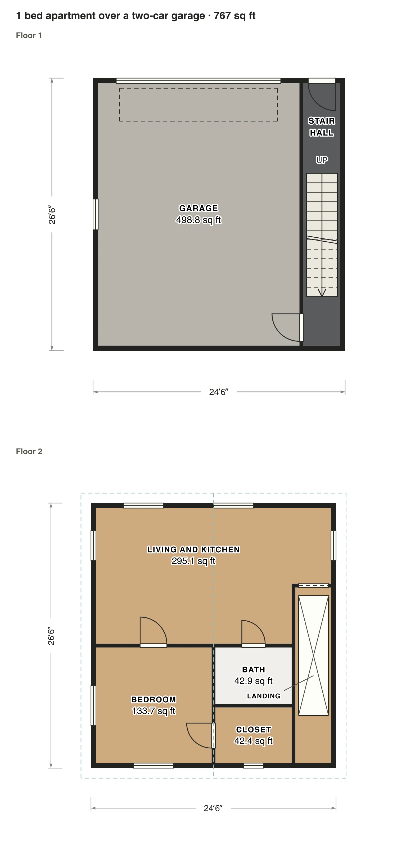 1 bed apartment over a two-car garage floor plan: 767 sq ft (71 m²) finished, 1 bed, 1 bath · 2 floors, drawn to scale with every room labeled.