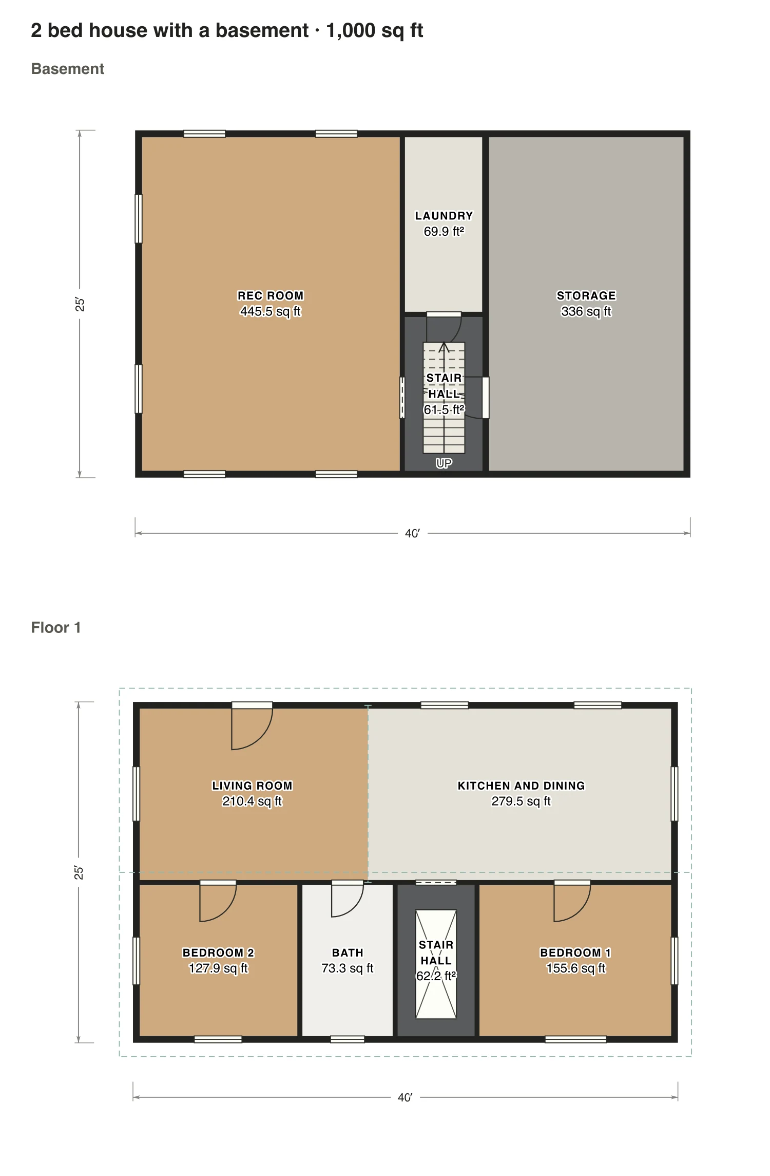 2 bed house with a basement floor plan: 1,000 sq ft (93 m²) finished, 2 bed, 1 bath · 2 floors, drawn to scale with every room labeled.