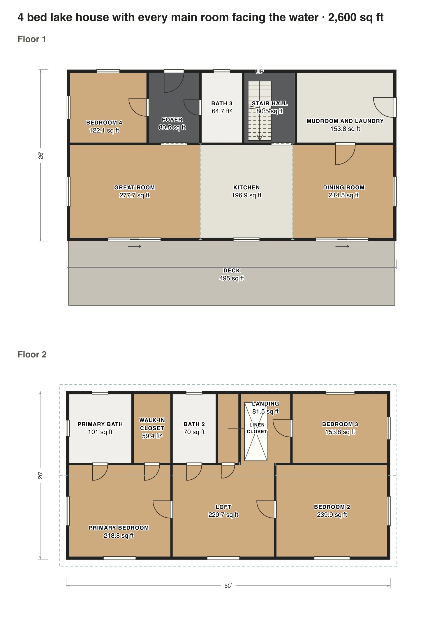 4 bed lake house with every main room facing the water floor plan: 2,600 sq ft (242 m²) finished, 4 bed, 3 bath · 2 floors, drawn to scale with every room labeled.