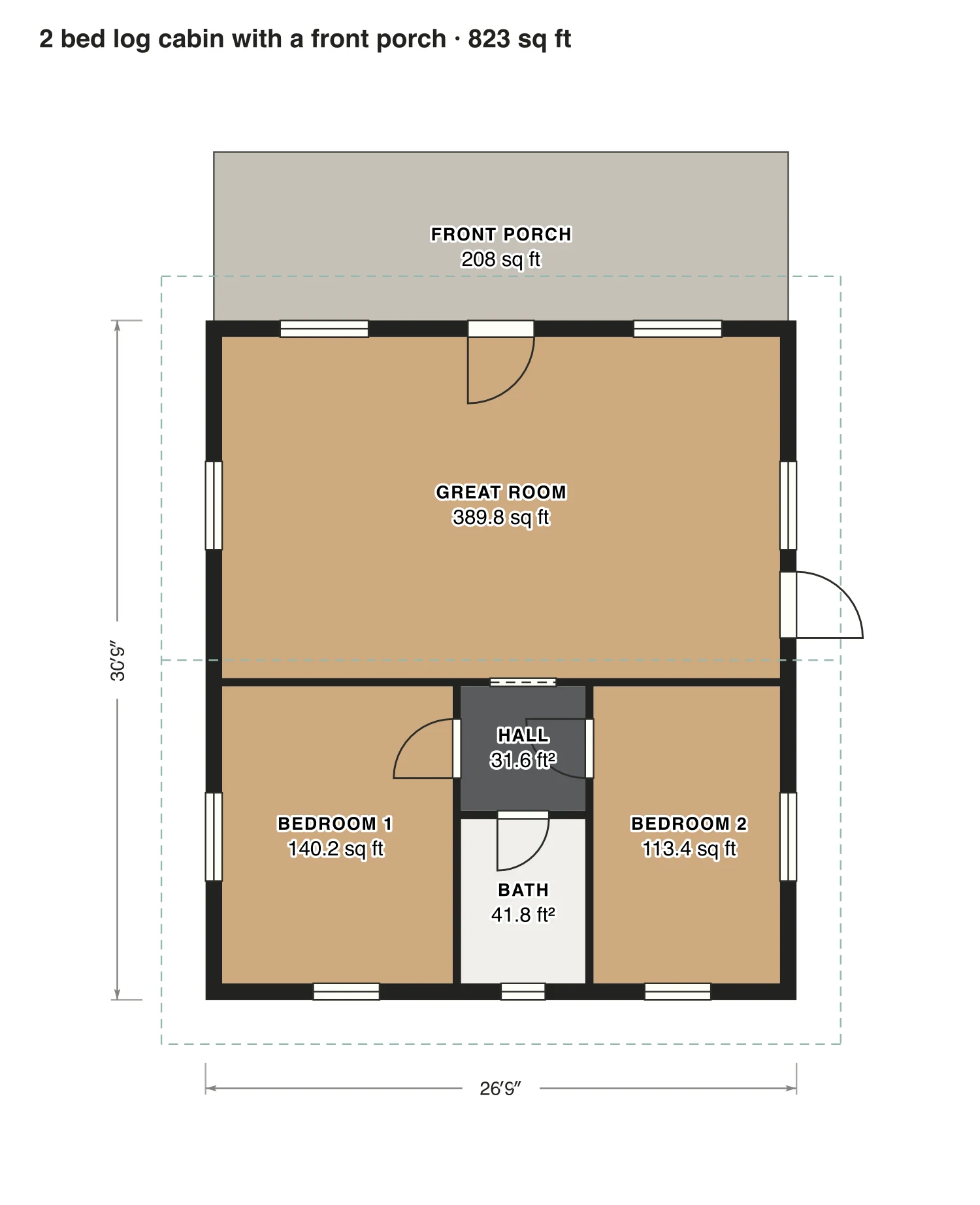 2 bed log cabin with a front porch floor plan: 823 sq ft (76 m²) finished, 2 bed, 1 bath · one floor, drawn to scale with every room labeled.