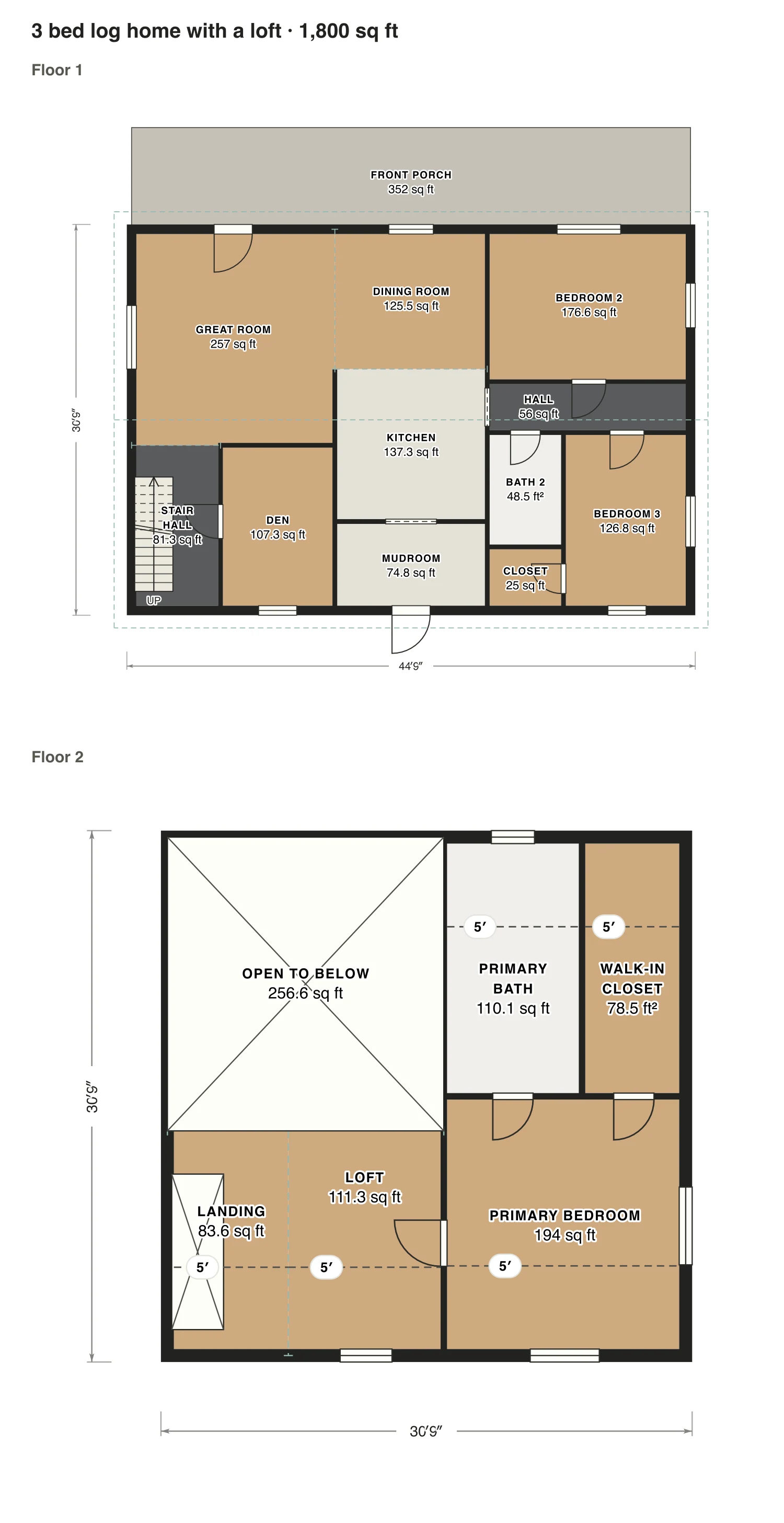 3 bed log home with a loft floor plan: 1,800 sq ft (167 m²) finished, 3 bed, 2 bath · 2 floors, drawn to scale with every room labeled.