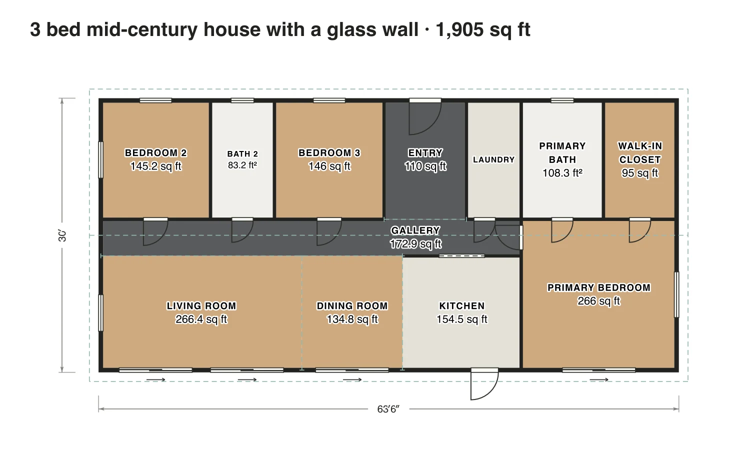 3 bed mid-century house with a glass wall floor plan: 1,905 sq ft (177 m²) finished, 3 bed, 2 bath · one floor, drawn to scale with every room labeled.