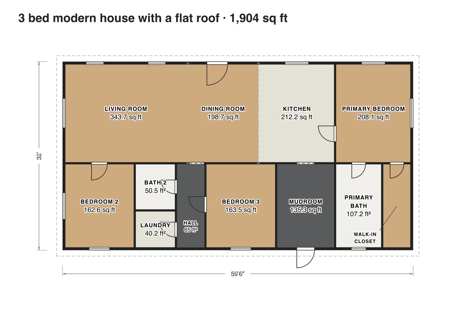 3 bed modern house with a flat roof floor plan: 1,904 sq ft (177 m²) finished, 3 bed, 2 bath · one floor, drawn to scale with every room labeled.