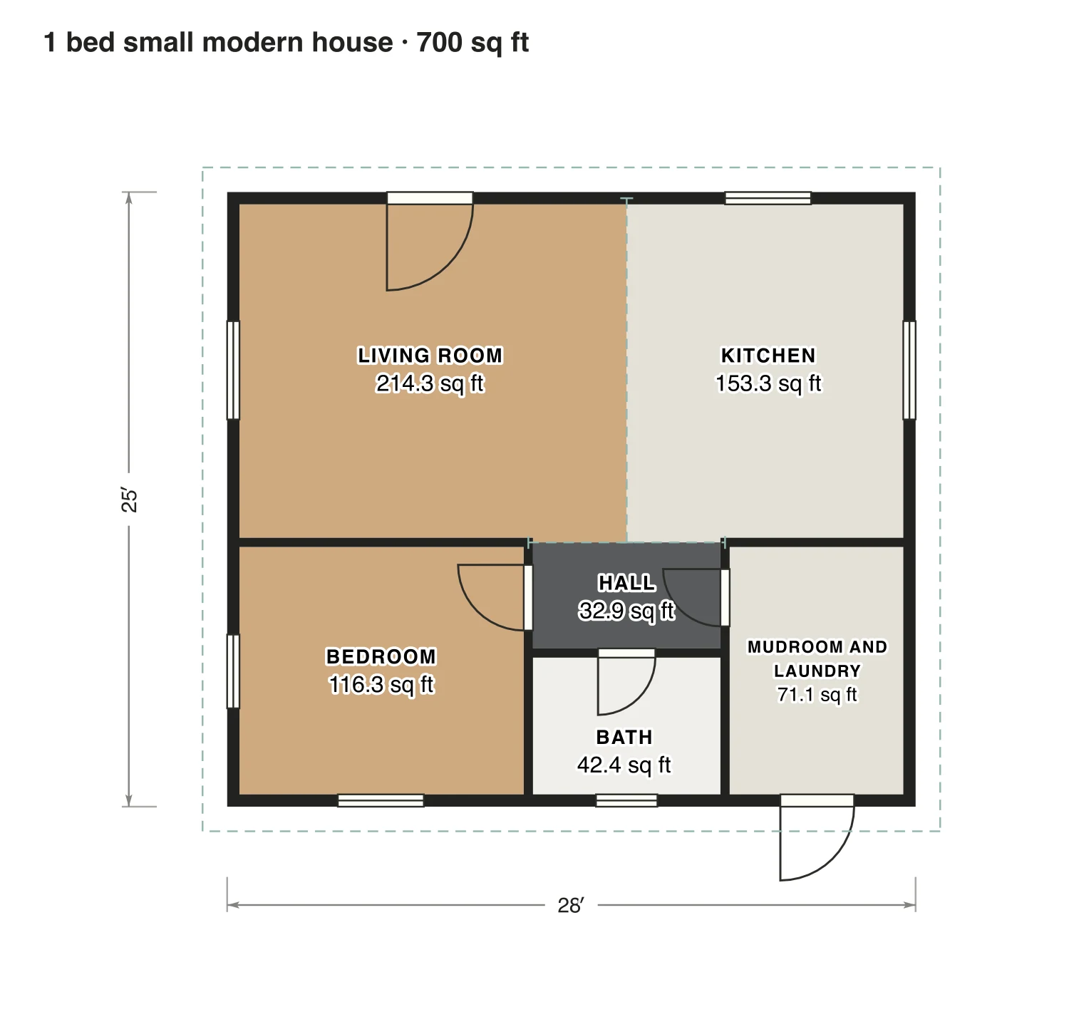 1 bed small modern house floor plan: 700 sq ft (65 m²) finished, 1 bed, 1 bath · one floor, drawn to scale with every room labeled.