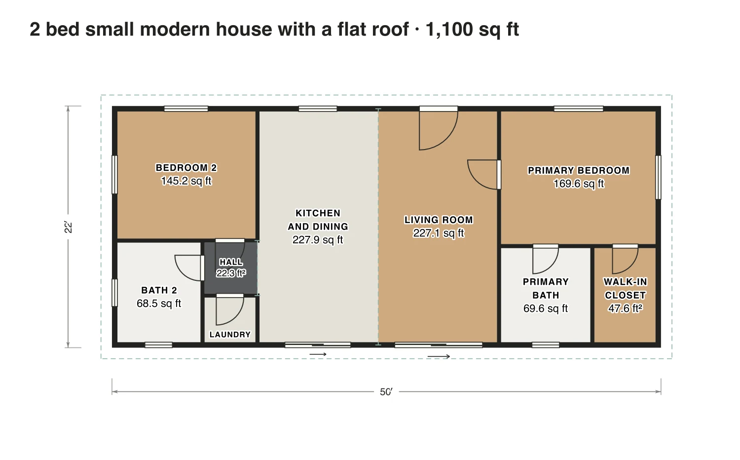 2 bed small modern house with a flat roof floor plan: 1,100 sq ft (102 m²) finished, 2 bed, 2 bath · one floor, drawn to scale with every room labeled.