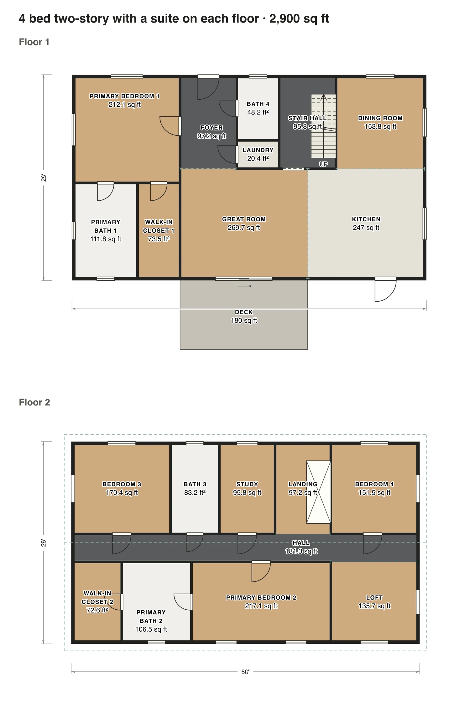 4 bed two-story with a suite on each floor floor plan: 2,900 sq ft (269 m²) finished, 4 bed, 4 bath · 2 floors, drawn to scale with every room labeled.