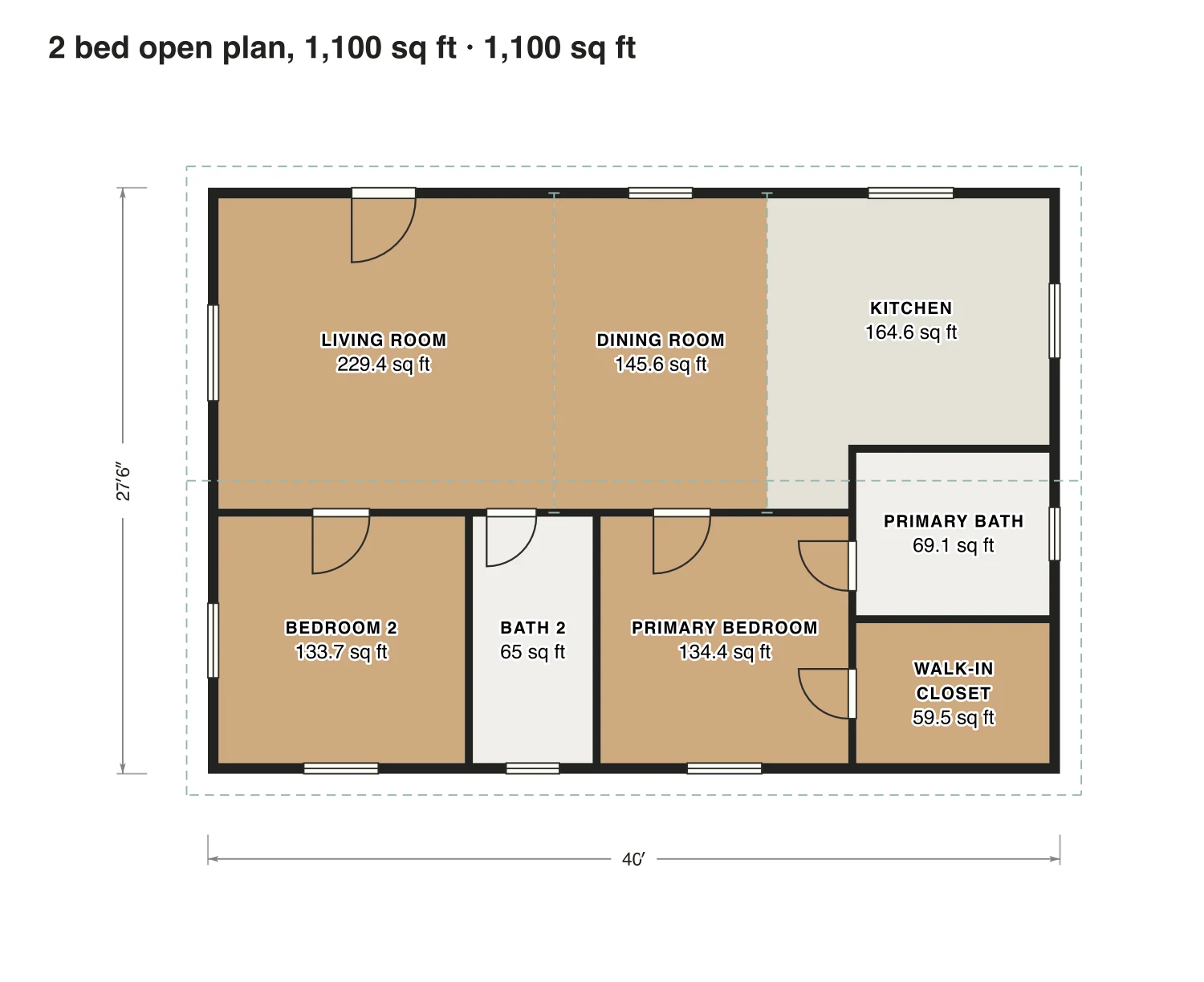 2 bed open plan, 1,100 sq ft floor plan: 1,100 sq ft (102 m²) finished, 2 bed, 2 bath · one floor, drawn to scale with every room labeled.
