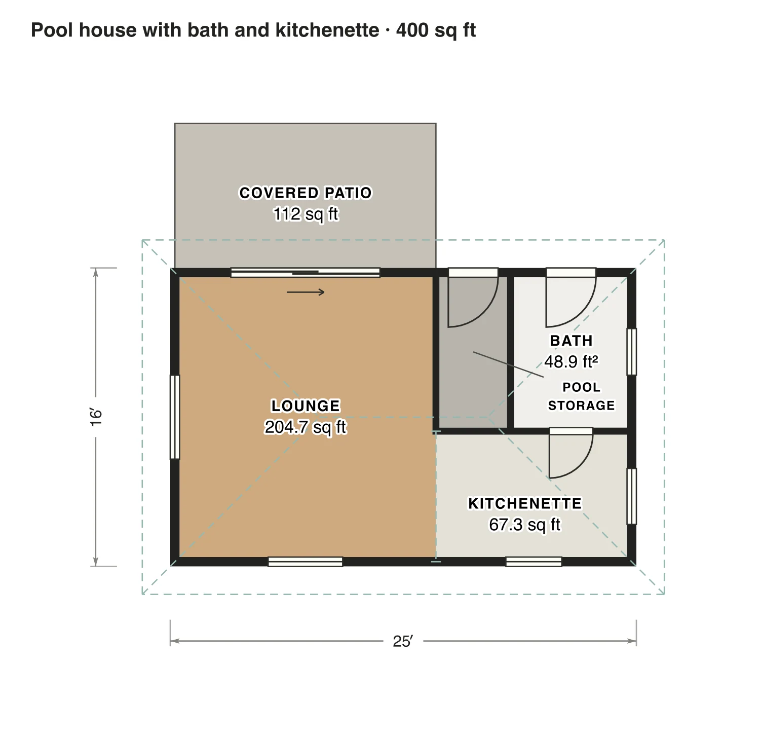 Pool house with bath and kitchenette floor plan: 400 sq ft (37 m²) finished, studio, 1 bath · one floor, drawn to scale with every room labeled.