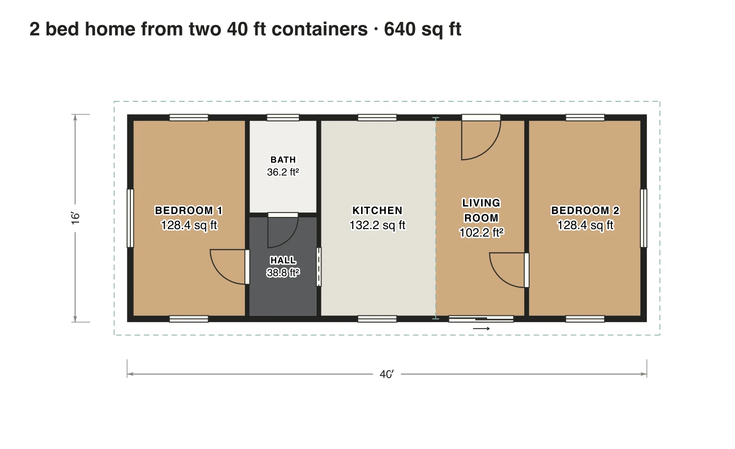2 bed home from two 40 ft containers floor plan: 640 sq ft (59 m²) finished, 2 bed, 1 bath · one floor, drawn to scale with every room labeled.